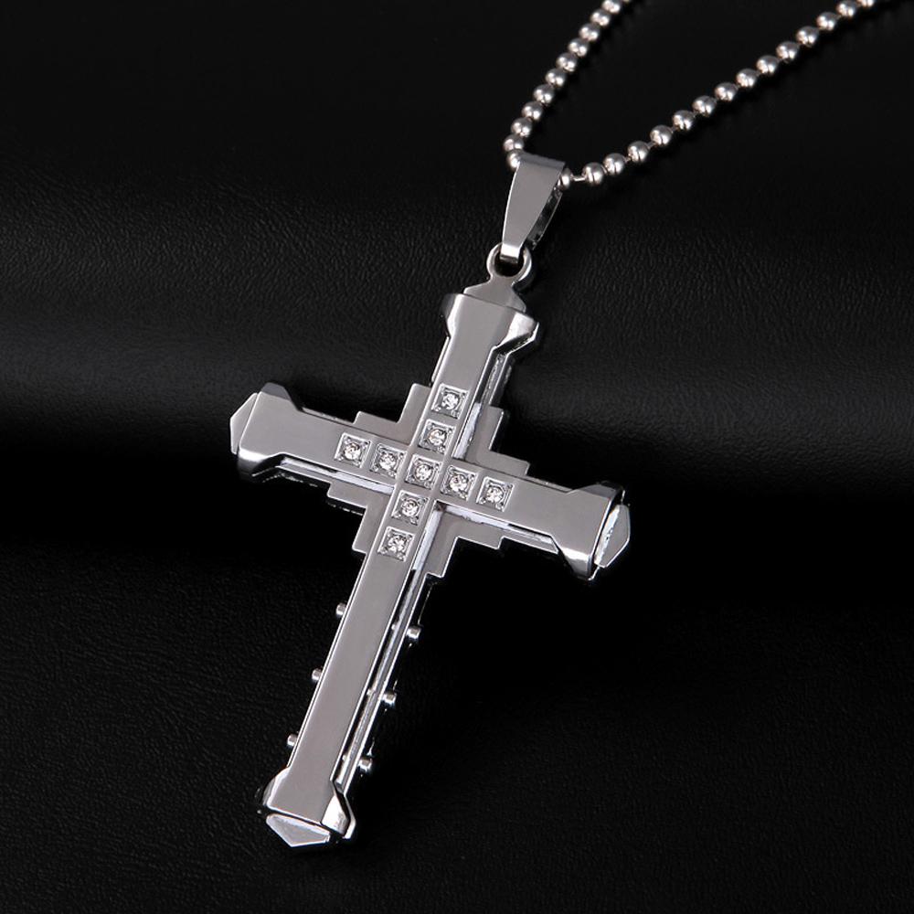 Trending Men's Crystal Cross Jesus Pendant Necklace - Gold/Black/Blue Zirconia, Stainless Steel Costume Jewelry, Jesus Piece, Jeweled Cross, Crucifix Graphic Necklaces, Cross Necklaces