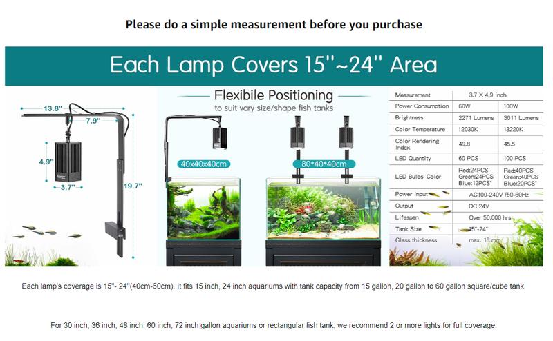 hygger 100W/60W Aquarium Light Full Spectrum RGB COB LED Clip On Fish Tank Grow Light with Mounting Bracket Compatible with Timer Smart Plug for Low-to High Light Demanding Aquatic Plants