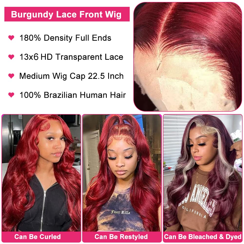 13X4 13x6 HD Burgundy Colored Lace Front Wigs 99j Burgundy Straight Wigs Pre Plucked 180 Density Red Color Wigs for Black Women