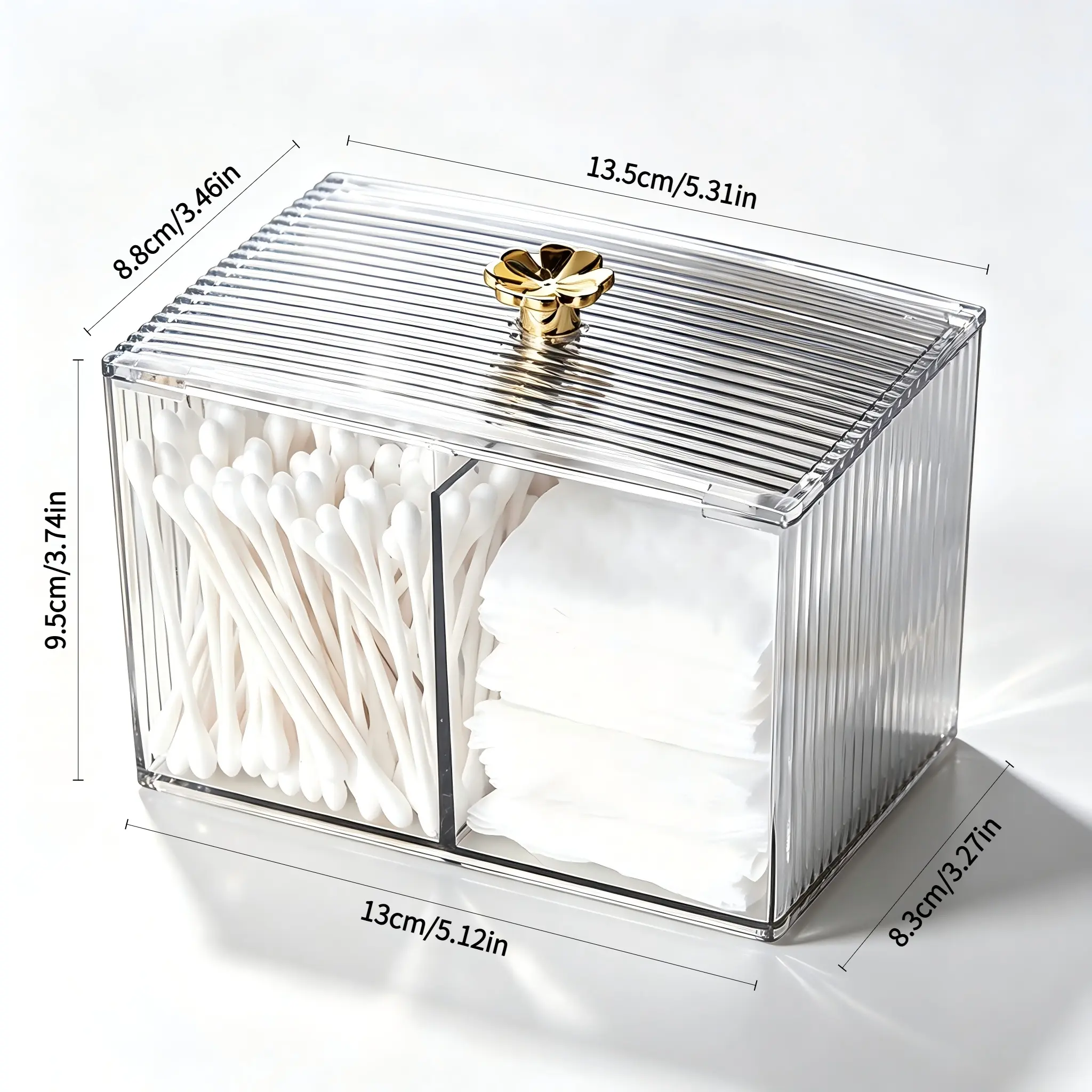 Clear Acrylic Makeup Organizer, 2‑Compartment Dustproof Vanity Storage Box with Lid, Ribbed Cosmetic Container with Lucky Clover Gold Knob for Cotton Pads, Q‑tips & Small Beauty Tools