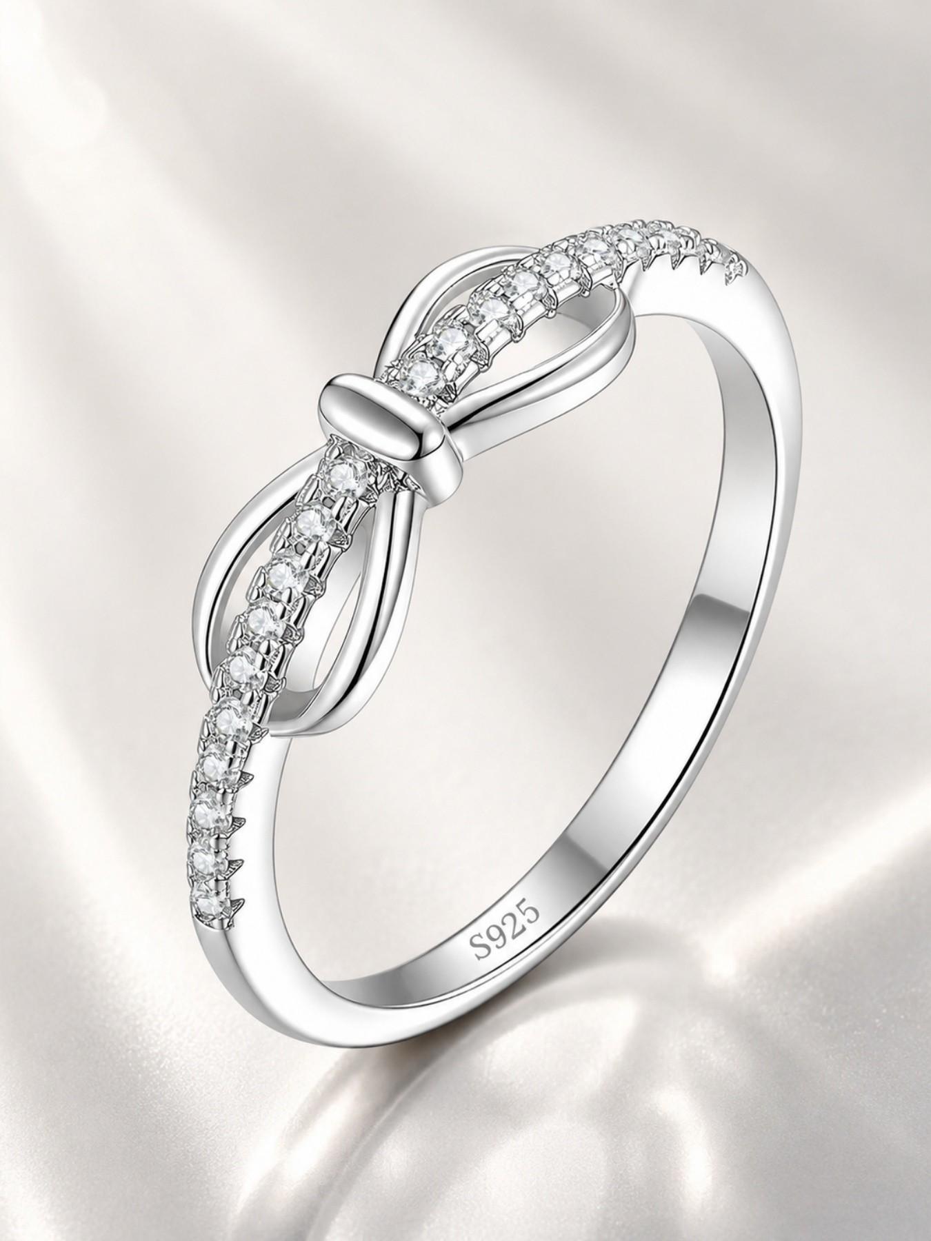 S925 Sterling Silver Elegant Bow Ring inlaid with D-color lab-grown moissanite, ideal gifts for birthdays, wedding anniversaries and Christmas