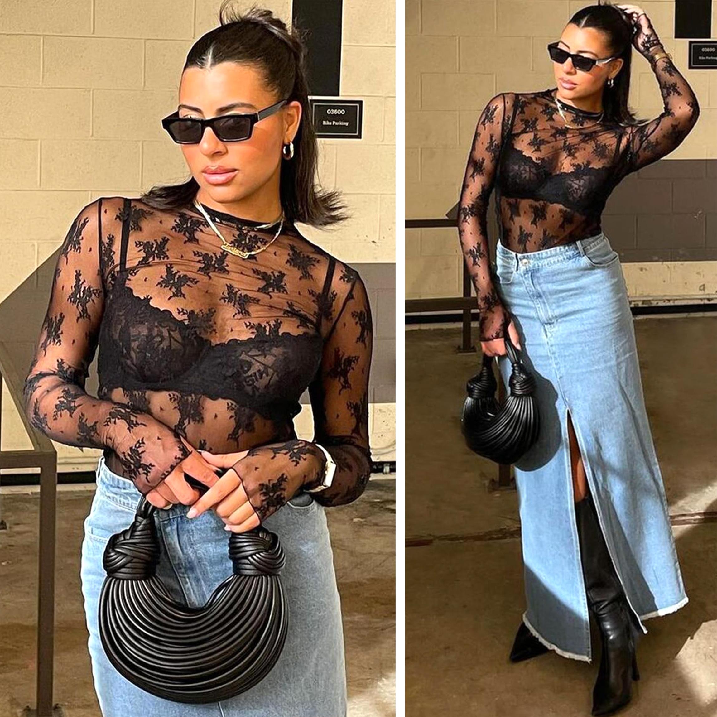 Buenoble Womens Mesh Long Sleeve Tops Crew Neck Sexy See Through Lace Sheer Floral Blouse for Party Club Night Out SpringStatements