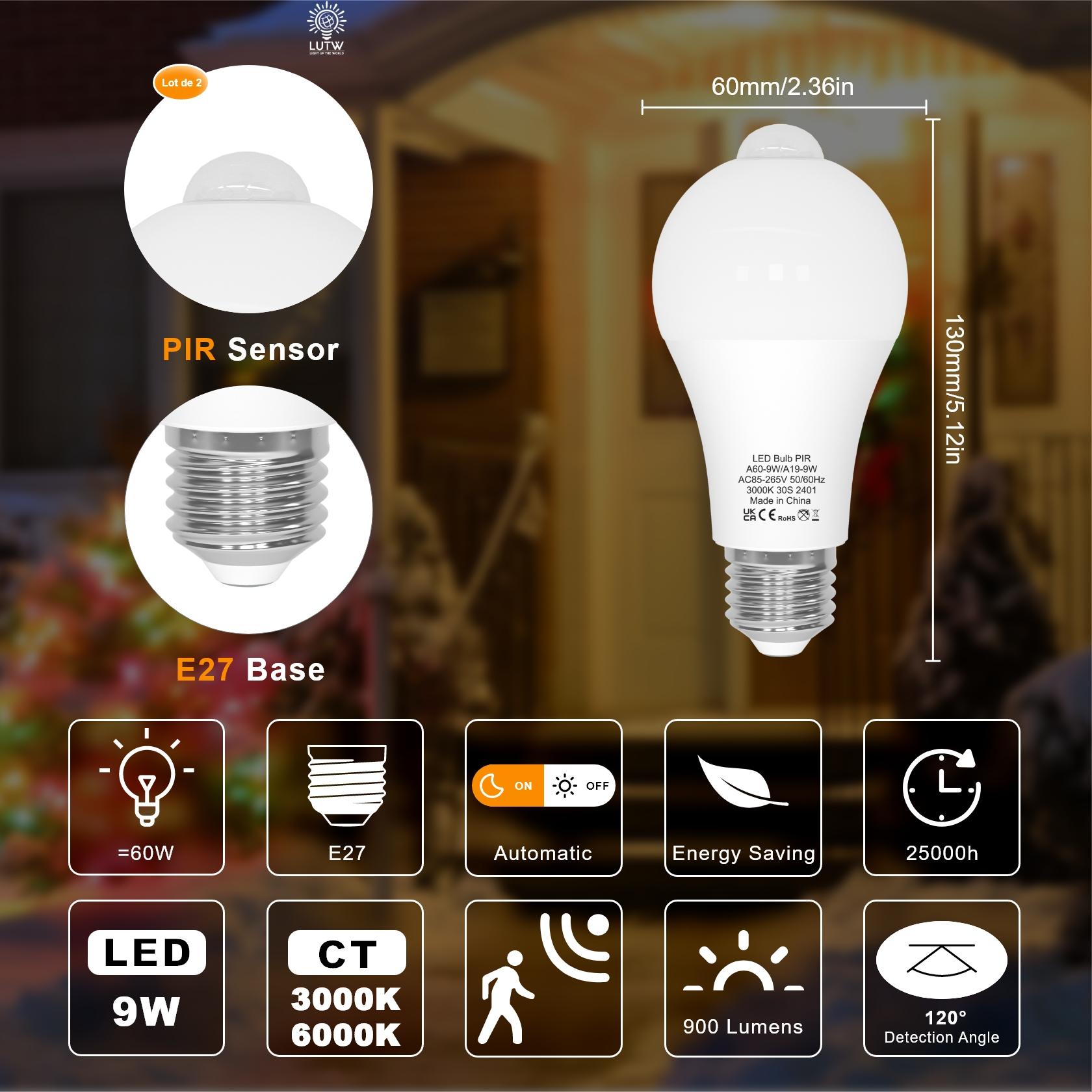 Motion Sensor LED Light Bulbs A19 E26 9W PIR Built-in IR 60 watt Equivalent Bright 900 Lumens for Garage, Closet, Porch, Stairs,2 Packs