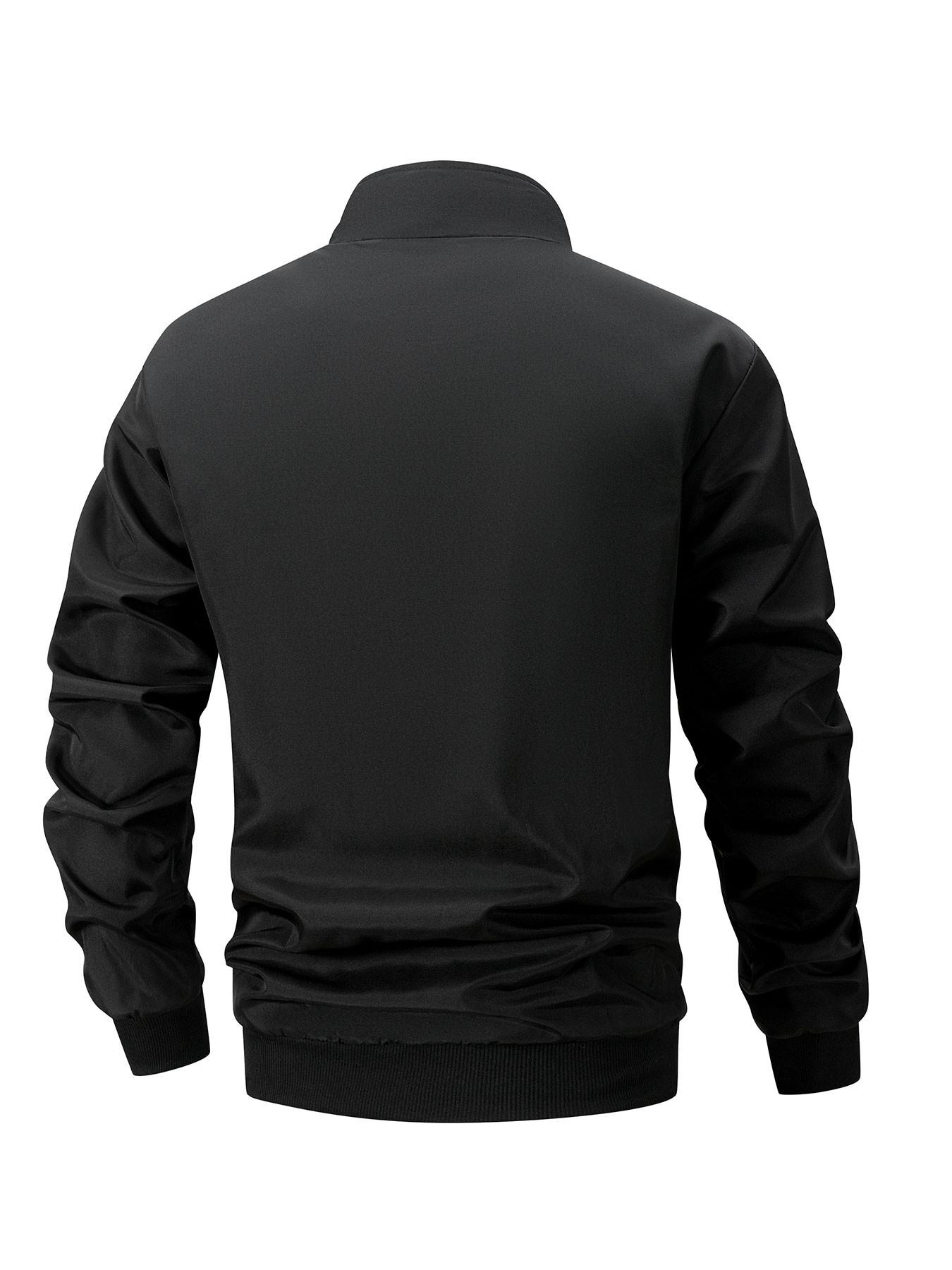 Men's Funny Print Contrast Stand Collar Jacket, Fall Winter Zipper Pocket Outdoor Sport Wind-Resistant Coat, Casual Fitness Training Top