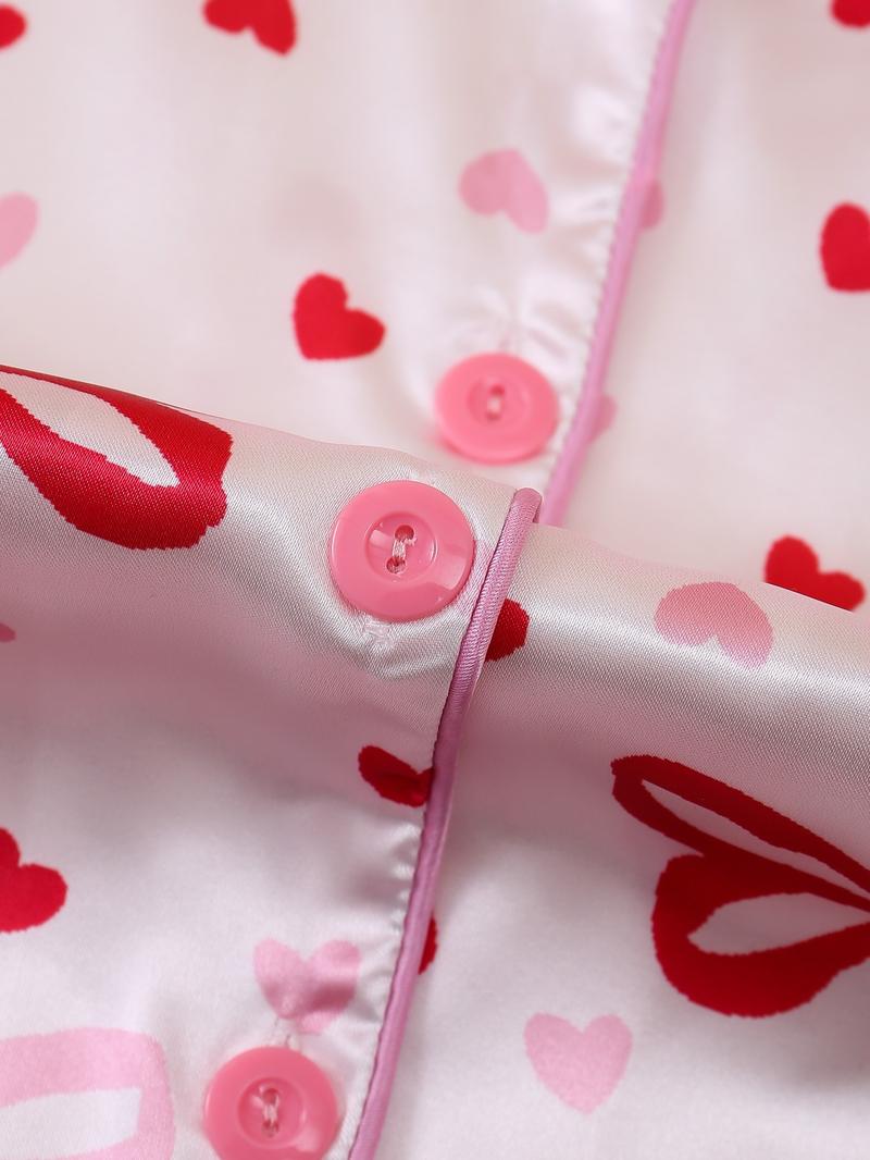 Valentine's Day Butterfly Heart Print Sleepwear Set, 2-Piece Women's Pajamas, Button Front Short Sleeve Top and Elastic Shorts