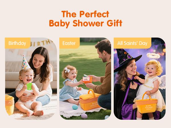 Hahaland Baby Toys 6-12 Months – Picnic Basket Sensory Toy with Crinkle, Rattles, Teether & Mirror, Montessori Play Food Plush for Early Development, Baby Shower Gift for 1+ Years Boys & Girls