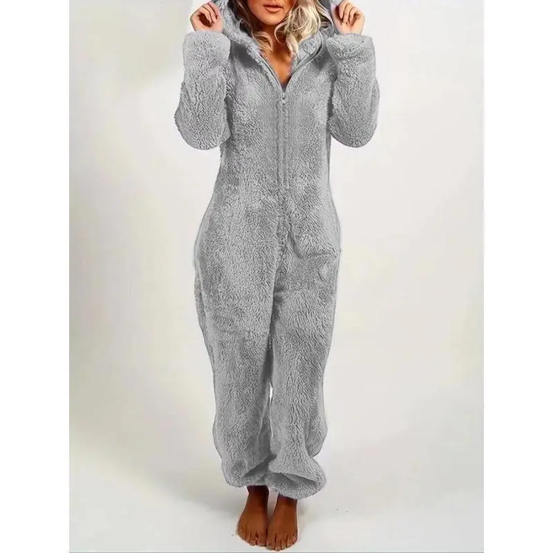 Women's Solid Color Zipper Hooded Plush Pajamas Jumpsuit, Autumn Winter Casual Long Sleeve Teddy Bear Ear Design, Indoor Fluffy Sleepwear