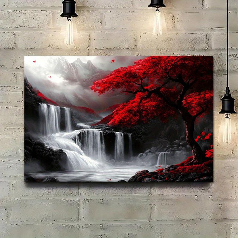 2D canvas art, 1pc wooden frame fantasy red trees and waterfalls canvas art - painting in black, white, and red color scheme, perfect for living room and home wall decoration, ideal for Christmas, Halloween, birthdays, graduations, and special occasions