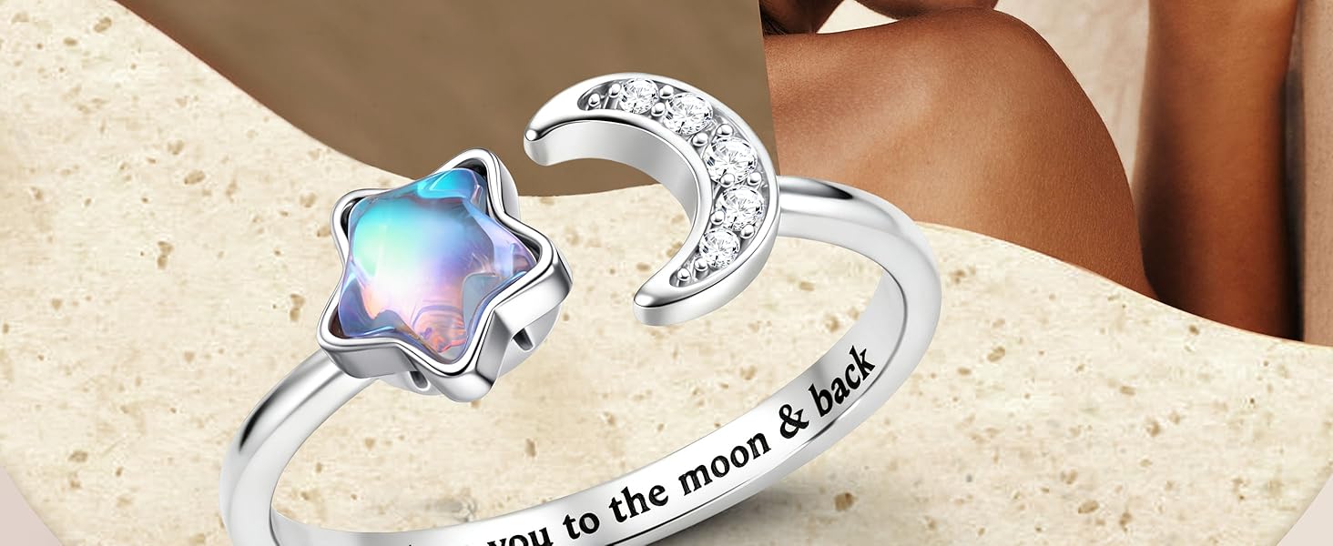 MILACOLATO Fidget Ring for Women Kids Girls Anxiety Rings Open Adjustable Silver Sunflower Opal Moonstone Star Moon Snow Lotus Spinner Mood Rings Knuckle Rings Jewellery