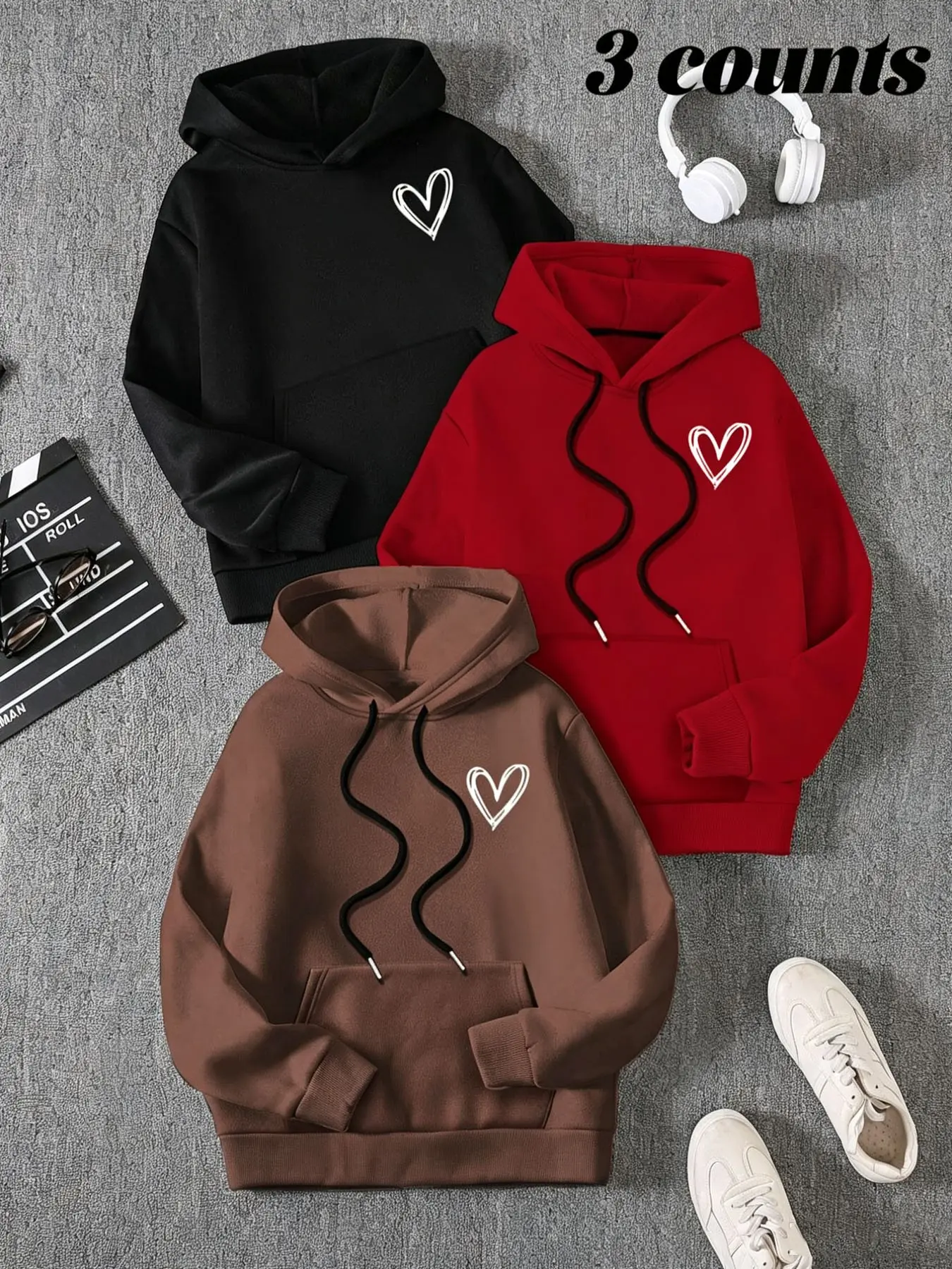 Women's Heart Love Print Drop Shoulder Drawstring Long Sleeve Loose Fit Hoodie, Fashion Casual Kangaroo Pocket Hooded Sweatshirt for Daily Holiday Outdoor Wear, Women Clothing for Fall & Winter, Tops, Womenswear, Wearable Hooded Sweatshirt