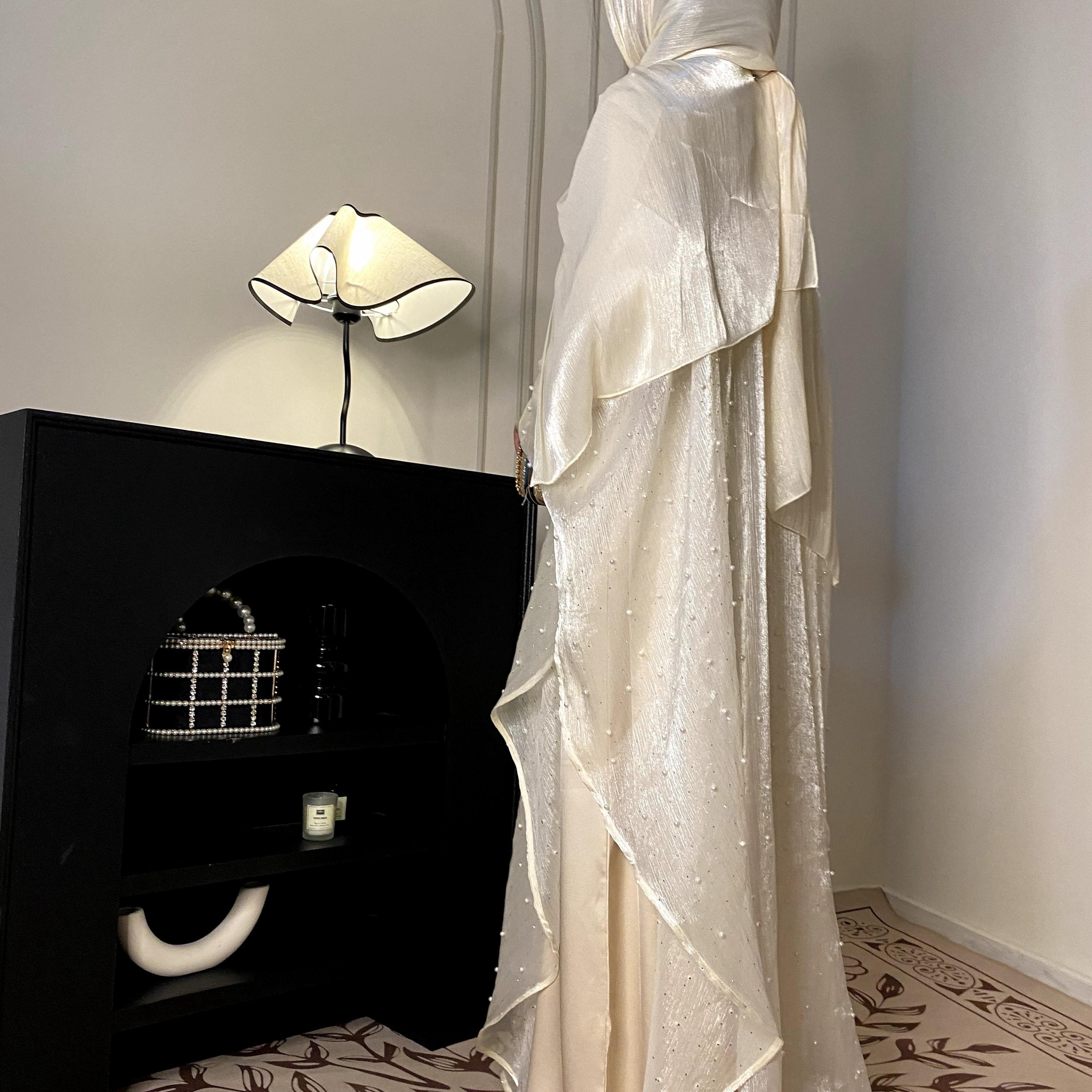 CL01 Starlight sparkling pearl abaya, two piece suit, abaya cardigan, bottoming dress Modest Beige Women Chiffon Chic【Fashionweek】 Modern