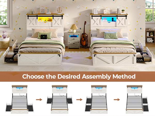 Hasuit Farmhouse Bed Frame Twin Size with 2 Storage Drawers, Wooden Platform Twin Bed with LED Lights and Charging Station, Rustic Accent Headboard with Sliding Barn Door Storage Cabinets