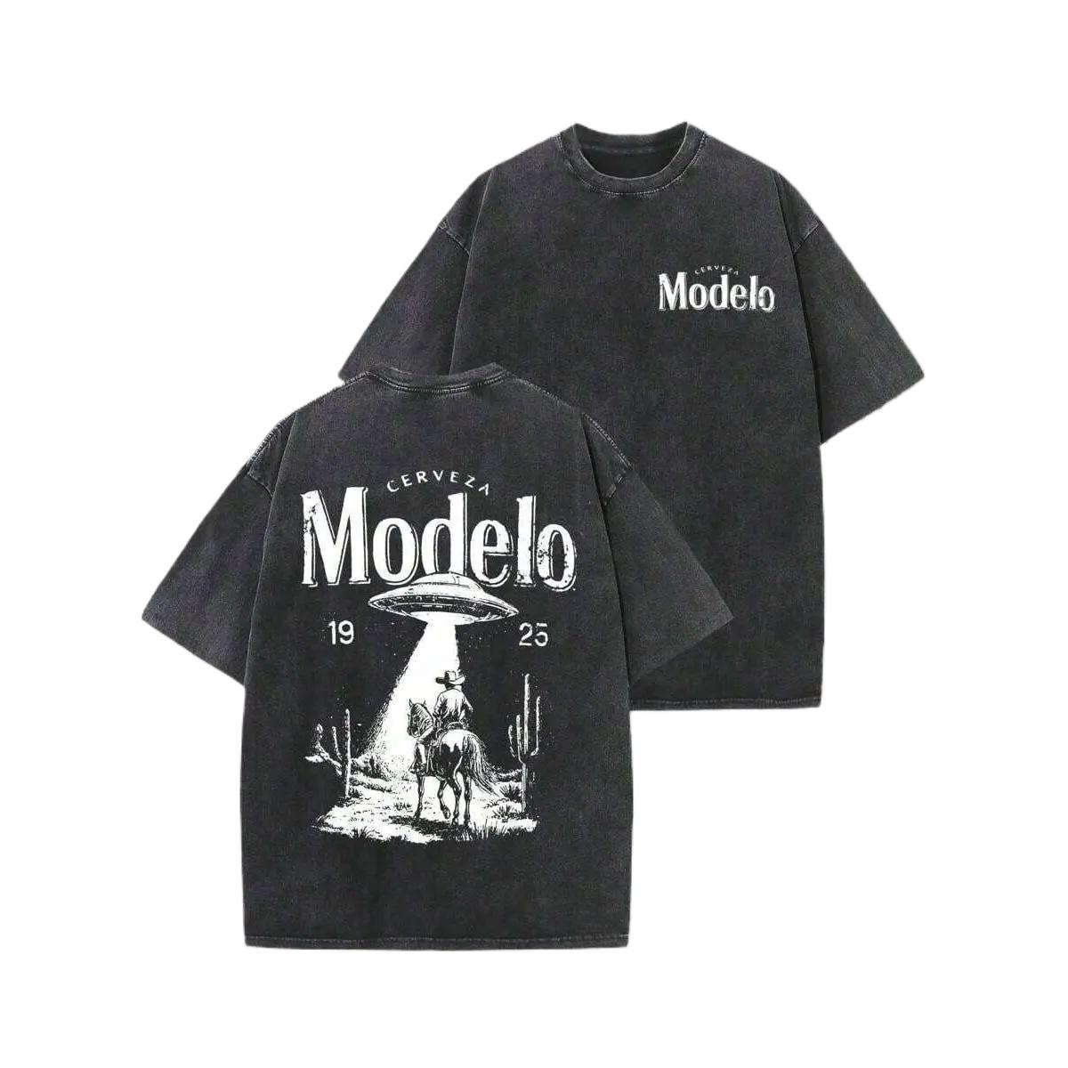 Vintage Washed Black Modelo Graphic T-Shirt Unisex, Retro Distressed Oversized Crew Neck Short Sleeve Tee, Western Cowboy UFO Abduction Print Cerveza Beer Streetwear Casual Top for Men Women, Outdoor Daily Wear