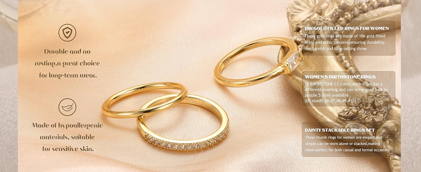 Gold Stackable Birthstone Rings for Women - Gold Filled Non Tarnish Dainty Gold Stacking Rings Set - Cubic Zirconia Thumb Knuckle Ring Wedding Engagement Ring for her Gifts Size 6 7 8 9 10 3pcs