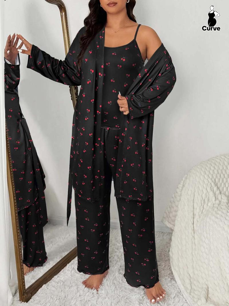 Plus Size Cherry Print Women's Sweet Comfortable Belted Robe Set, Sleeveless Long Pants Three-Piece Sleepwear, Casual Home Wear