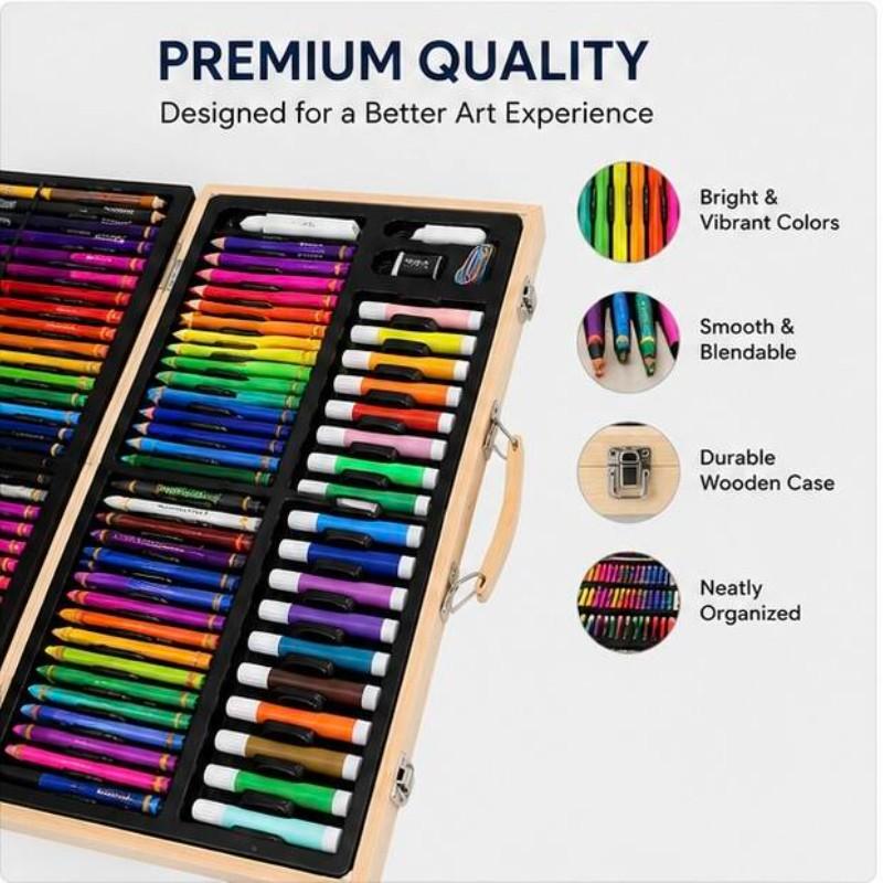 180-Piece Wooden Art Set, Dual-Layer Wood Box, Non-Toxic Washable, DIY Tools for Kids, School Art Supplies, Birthday Gift Box