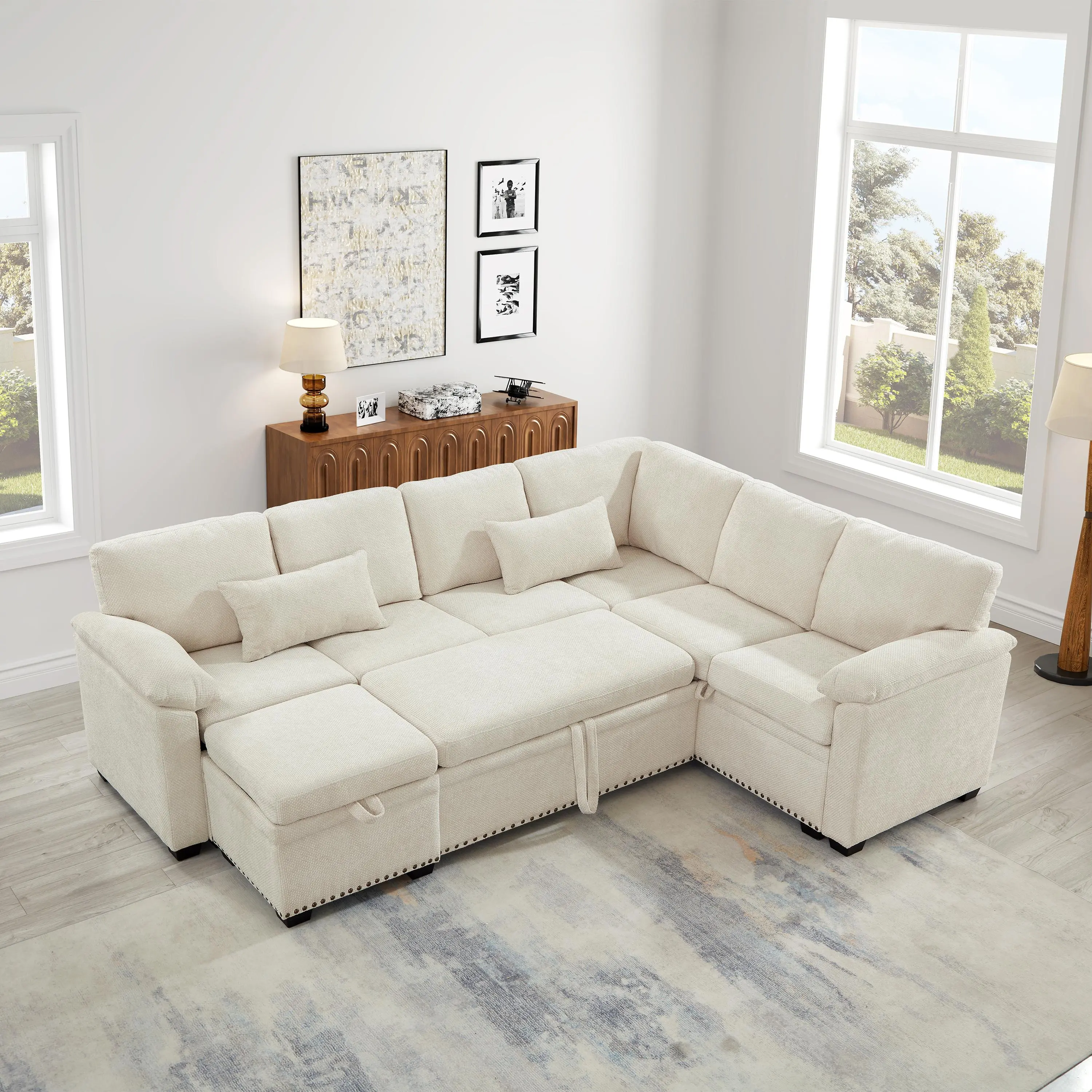 97 Inch L-Shaped 7-Seat Corner Sectional Sofa Bed with Storage Ottoman and 2 Pillows, Chenille Upholstered, Beige, Modular Couch for Living Room
