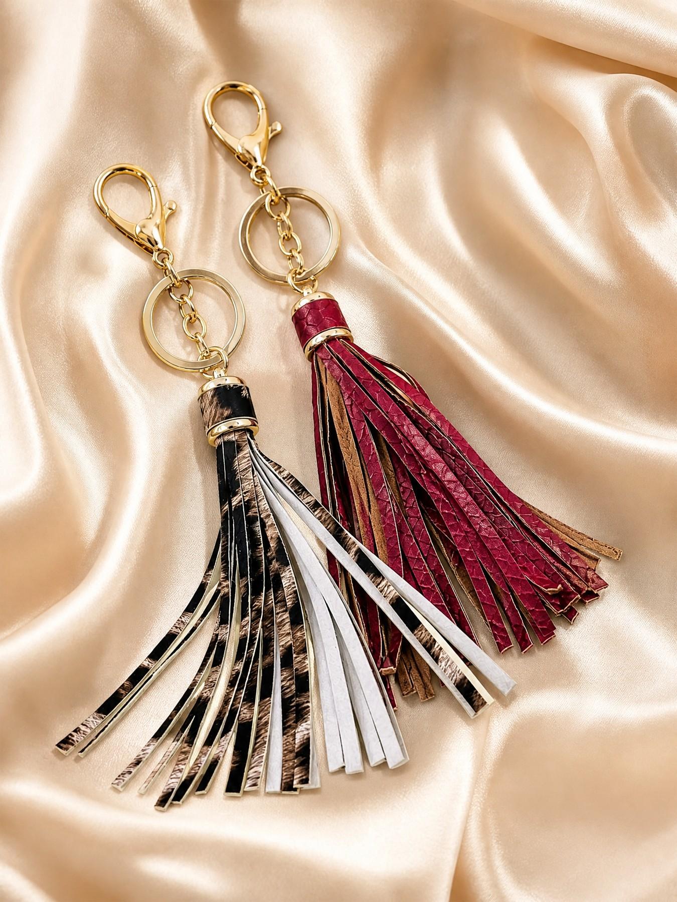 Chinese Knot Fringe Pendant, Boho Style Bag and Phone Chain Accessory, Handmade Leopard Print Keychain, Multi-Function Clip