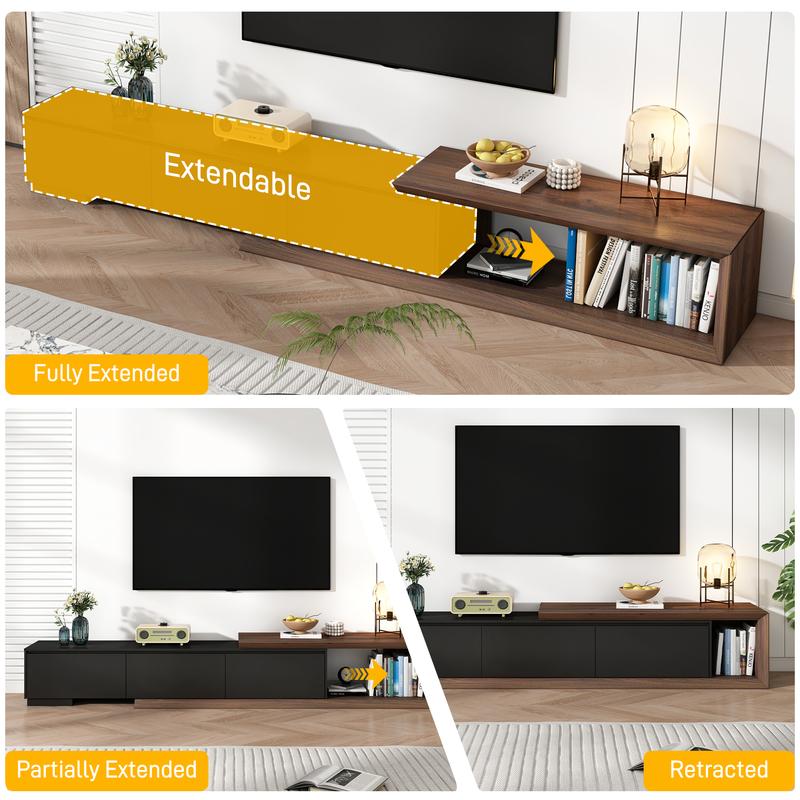 Extendable TV Stand with 3 Drawers, Modern Minimalist Entertainment Center, Reversible Long TV Media Console, Bevel Design, 82-107 Inch, Black & Walnut/White & Walnut Extendable TV Stand with 3 Drawers, Modern Minimalist Entertainment Center, Reversible Long TV Media Console, Bevel Design, 82-107 Inch, Black & Walnut/White & Walnut