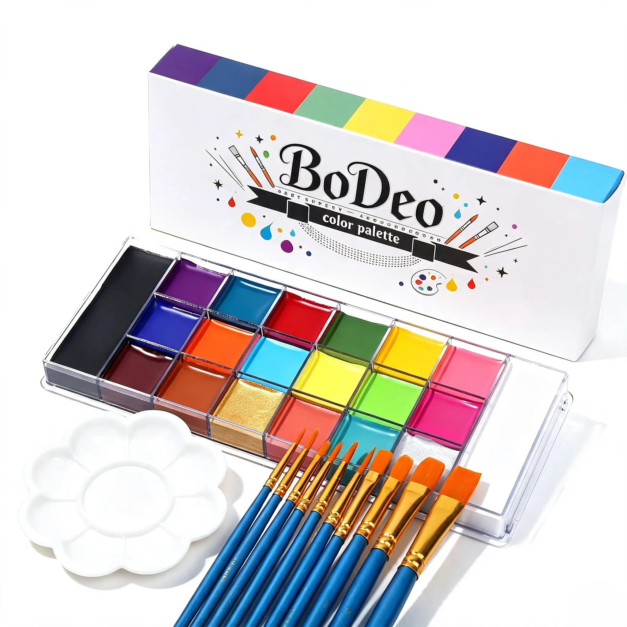BODEO Athena Face Body Paint Oil Palette + 10PCS Brushes Set, Professional Non Toxic Face Painting Pallet Kit for Halloween SFX Cosplay Clown Makeup for Women Adults