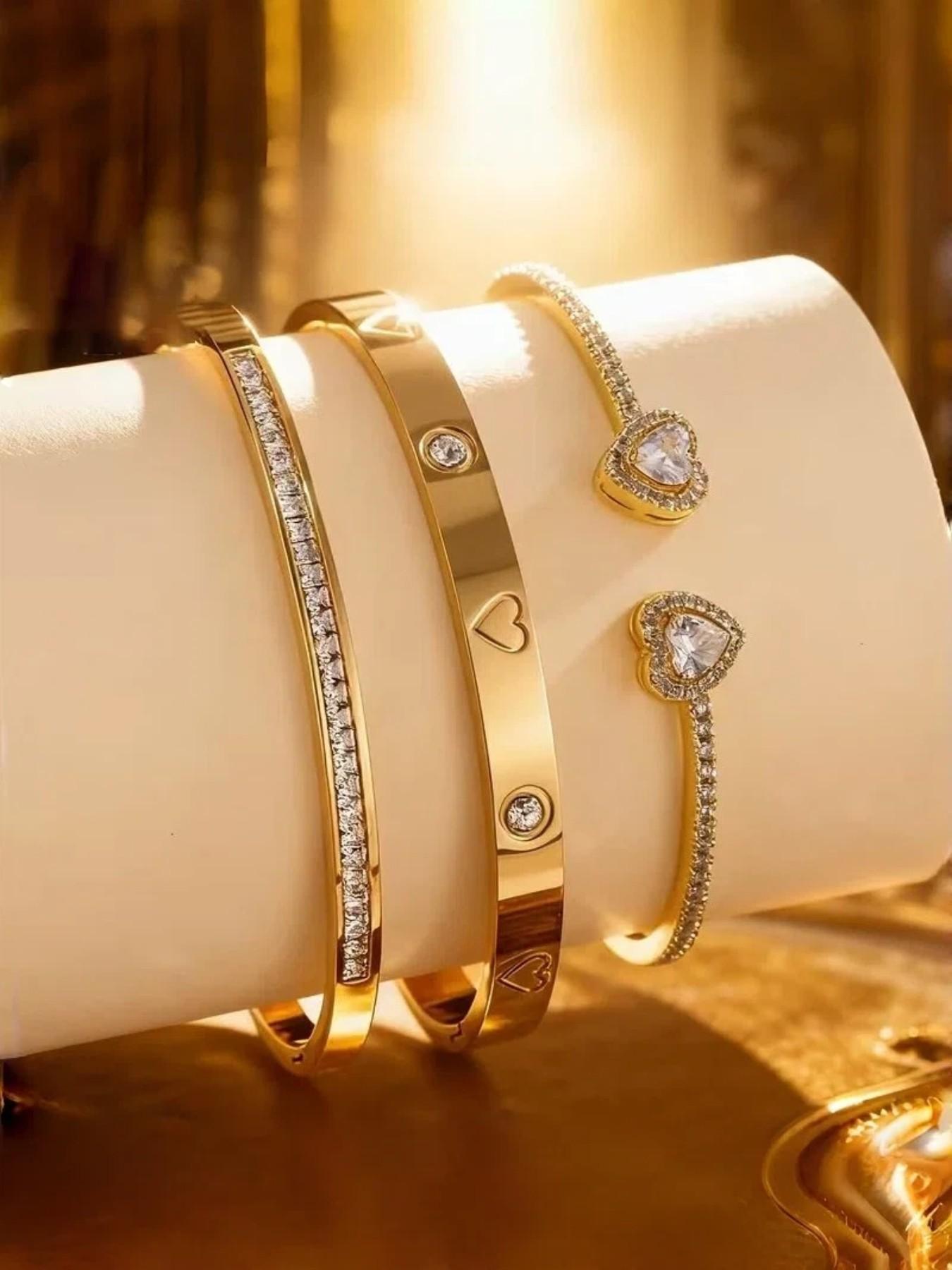 3pc/Set Stainless Steel 18K Gold-Plated Zirconia Heart Bangle, 14K Gold Copper Zirconia Open Cuff Bracelet, Fashion Women's Daily Wear Holiday Gift Set, Elegant Heart-Shaped Zirconia-Studded Bracelet, Stack Bangle, Jewelry Bracelets 3pc/Set Stainless Steel 18K Gold-Plated Zirconia Heart Bangle, 14K Gold Copper Zirconia Open Cuff Bracelet, Fashion Women's Daily Wear Holiday Gift Set, Elegant Heart-Shaped Zirconia-Studded Bracelet, Stack Bangle, Jewelry Bracelets