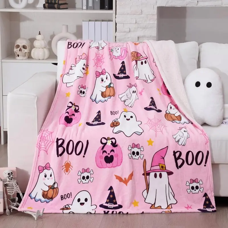 1 Pack Halloween Throw Blanket 50 x 60 Inch Pink Ghost Boo Pumpkin Fleece Throw Blankets Cute Bats Flannel Blankets Soft Cozy Lightweight Halloween Blanket Decoration for Couch Sofa Bed