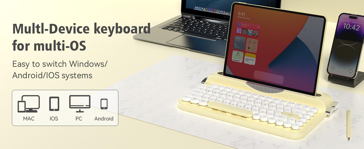 AF84 membrane keyboard wireless dual-mode 2.4G+Bluetooth AJAZZ office keyboard dual color circular keycap retro typewriter keyboard with grooves for placing mobile phones and tablets, high-value girl gift, self provided AAA battery * 2