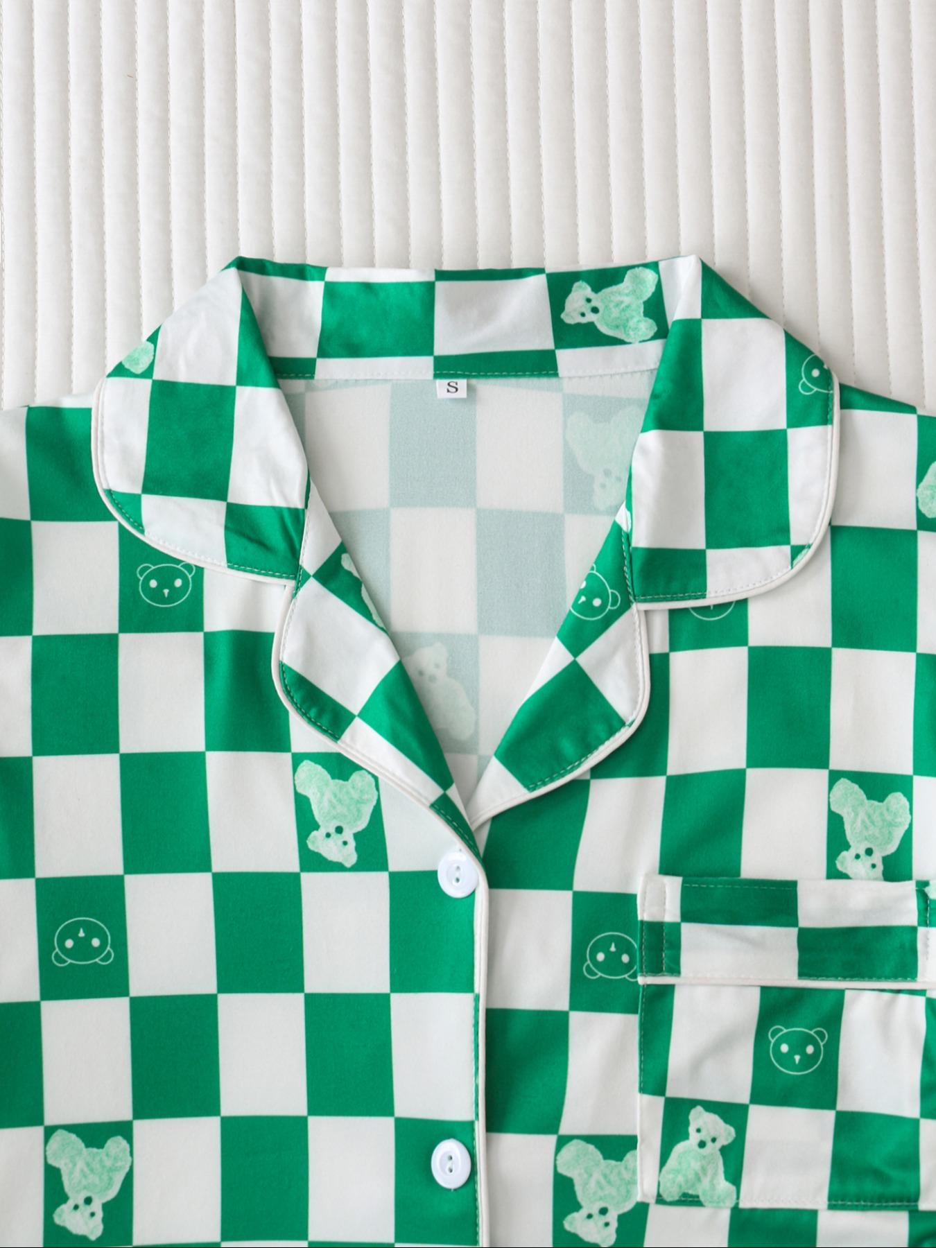 Women's Checkerboard Print Lapel Neck Pajama, Casual Comfy Short Sleeve Button Front Chest Pocket Design Top & Elastic Waist Shorts PJ Set, Ladies Summer Sleepwear Loungewear