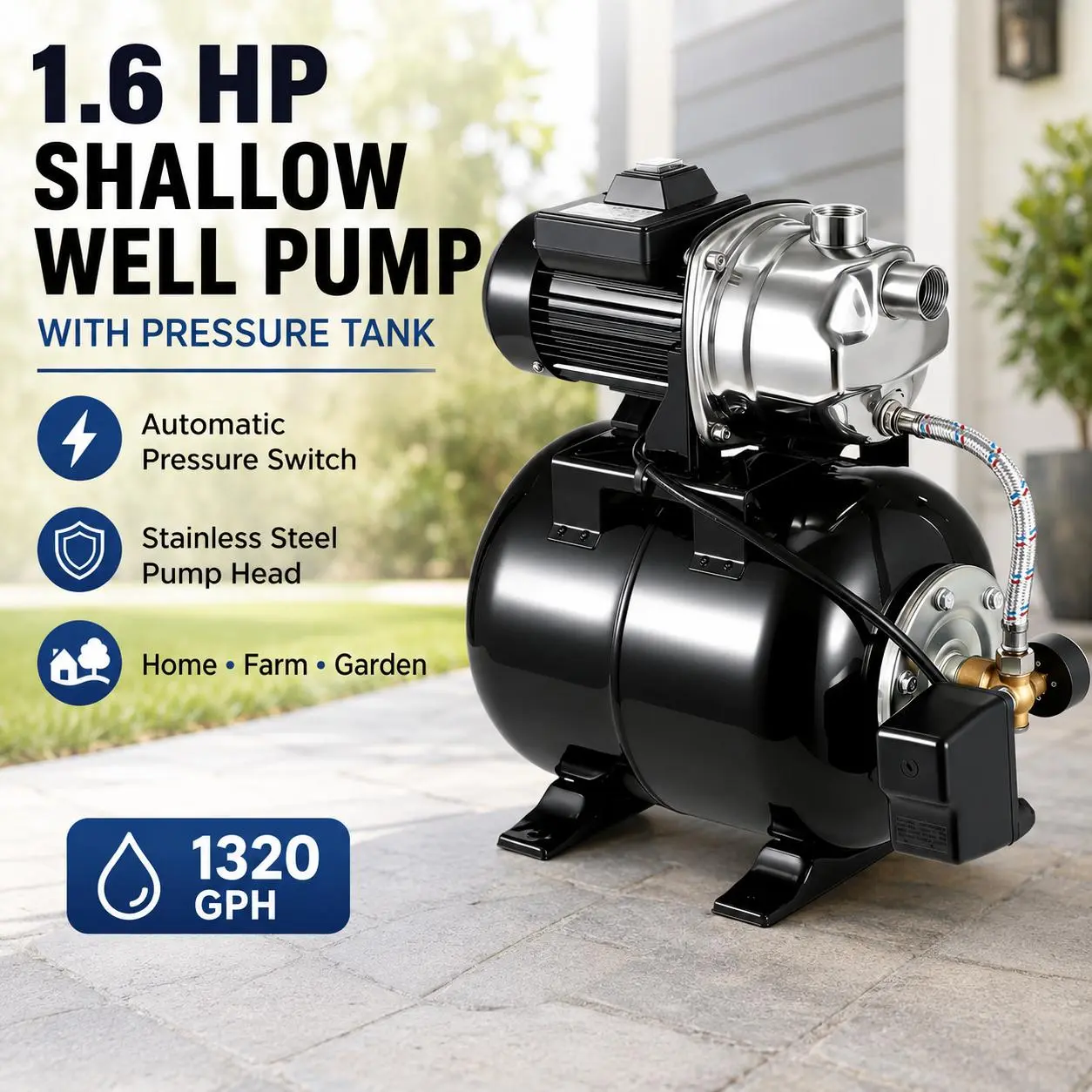 1.6HP Shallow Well Pump with 5-Gallon Pressure Tank, 1320 GPH Stainless Steel Water Pump for Home, Garden & Farm