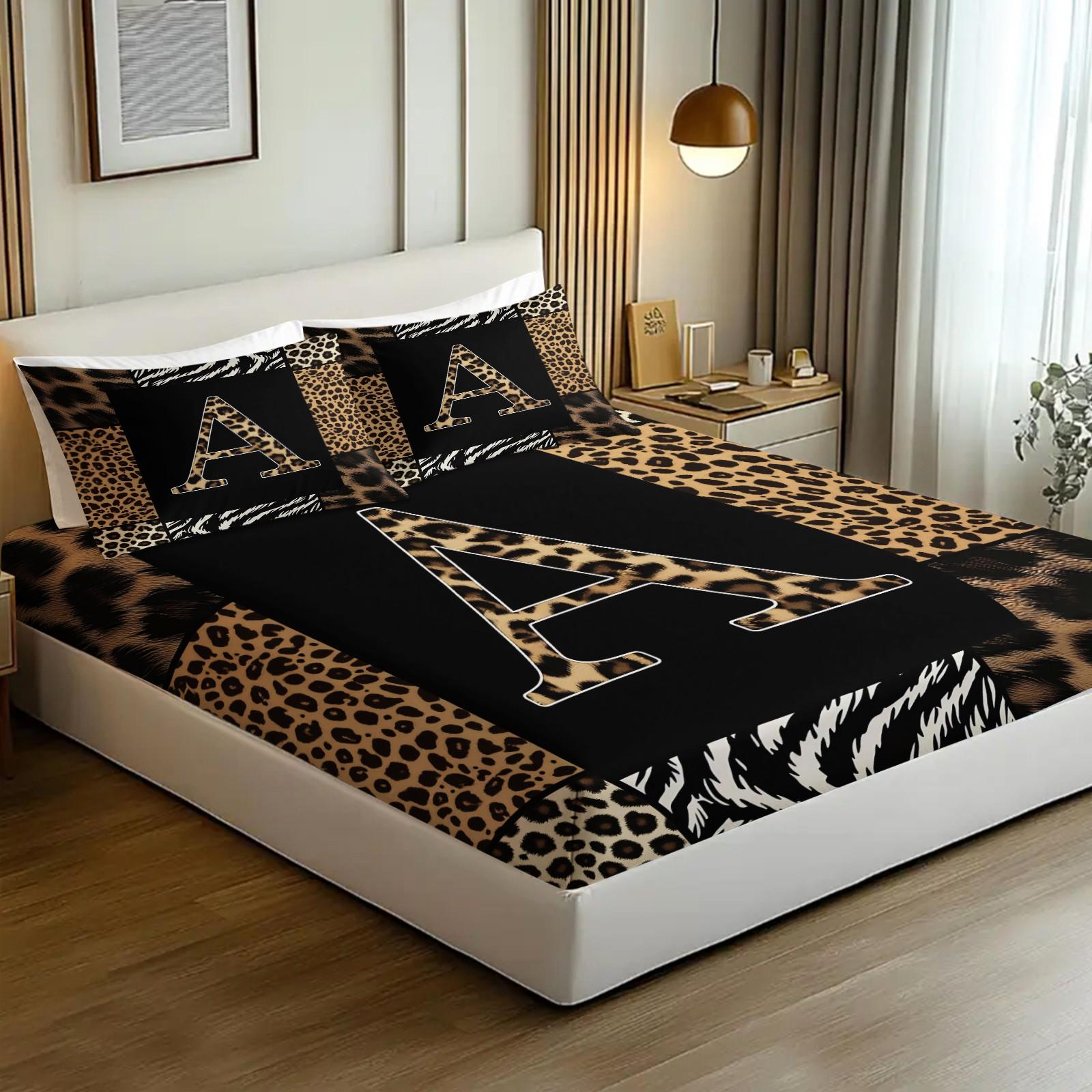 3Pcs Trendy Wild Leopard Zebra Patchwork Letter A-Z Fitted Sheet Set No Fillers, Animal Print Bed Sheet Set, Stylish Modern Bedding Set with Pillowcases, Deep Pocket Bedding for Women Girls Bedroom Decor