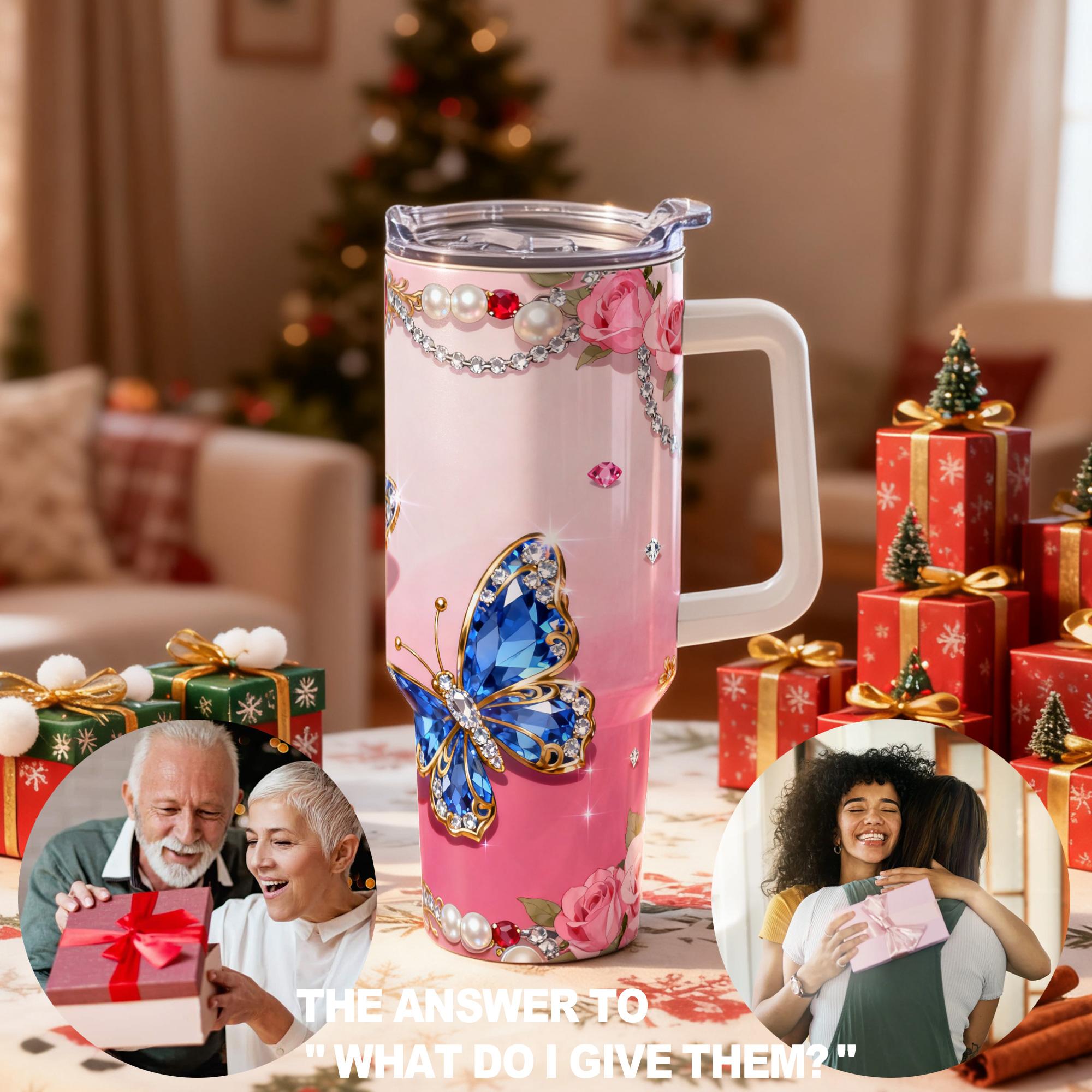 1pc, 40oz/30oz/20oz/14oz Stainless Steel Cup Insulated Water Cup Blue Gem Butterfly & Rose Adorned Double Wall Vacuum Insulated Cup, Leakproof Lid & Carry Handle Travel Mug Insulated Tumbler for Outdoor Camping Hiking, Gift for Dad