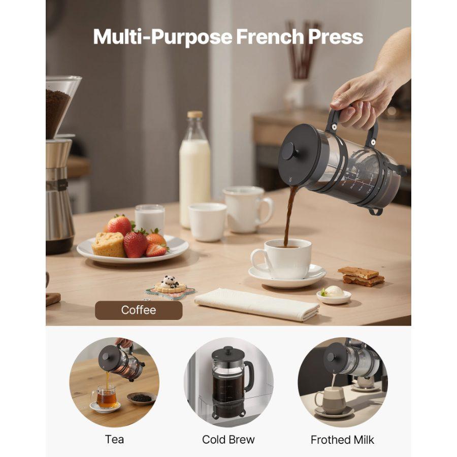 VEVOR 34oz Borosilicate Glass French Press Coffee Maker, Stainless Steel Filter, Detachable Anti-Drip Spout, Cold Brew Tea Maker for Gatherings Home Camping, Silver 1L Hand Tool Accessory
