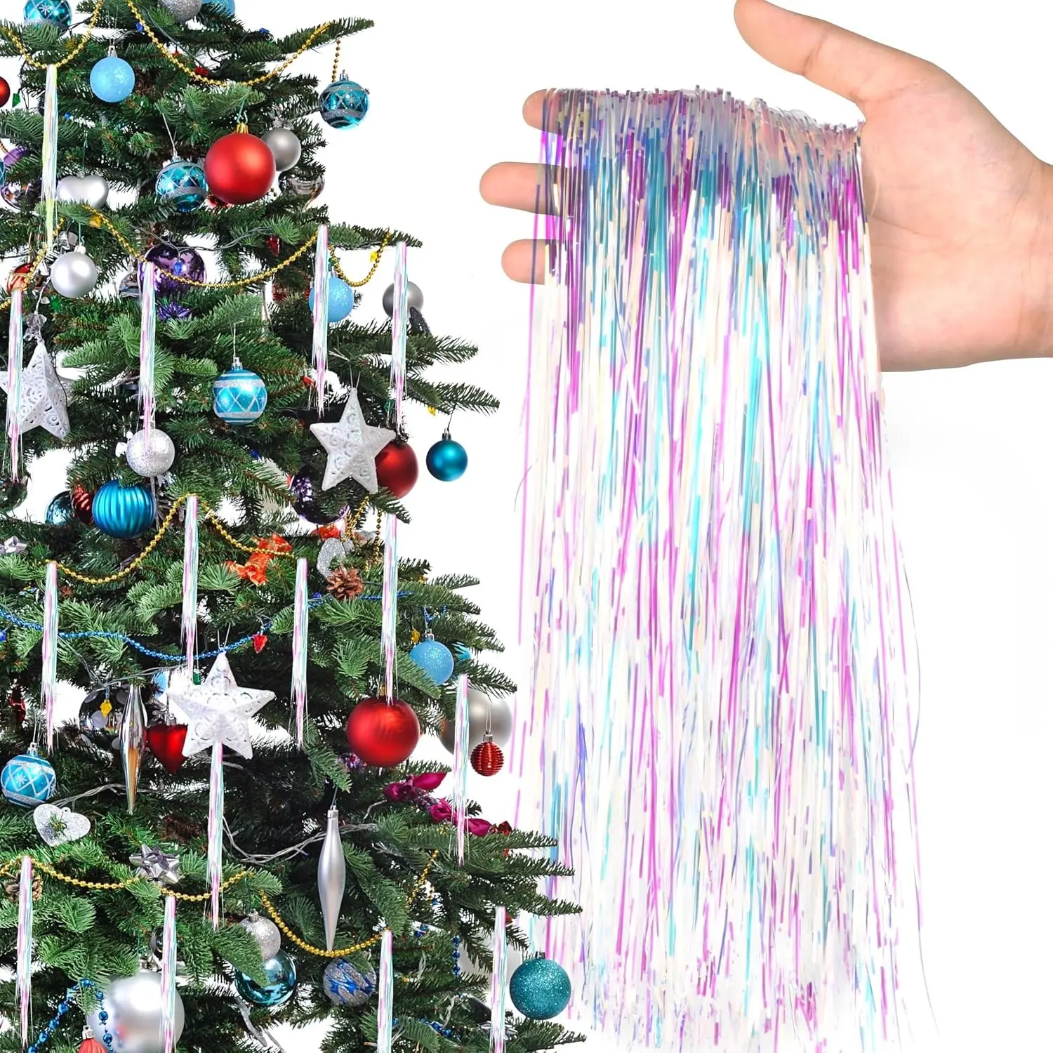 Metallic 6000-Strand Iridescent Christmas Tinsel Icicles, 19.7in Foil Fringes Garland, Shiny Glitter Hanging Decorations for Indoor Home Holiday Party Supplies