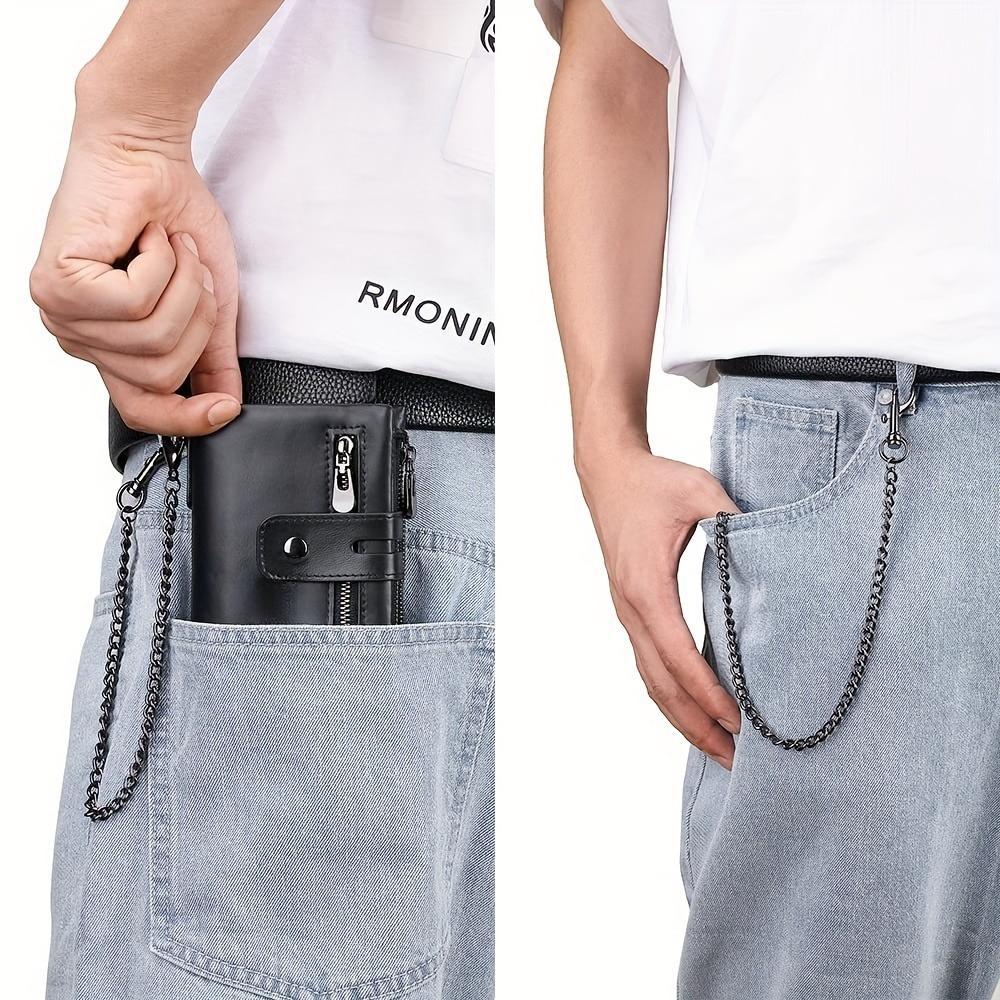 Genuine leather chain wallet for men, RFID-blocking short wallet, double zipper card holder, anti-theft coin pocket, ideal gift for men