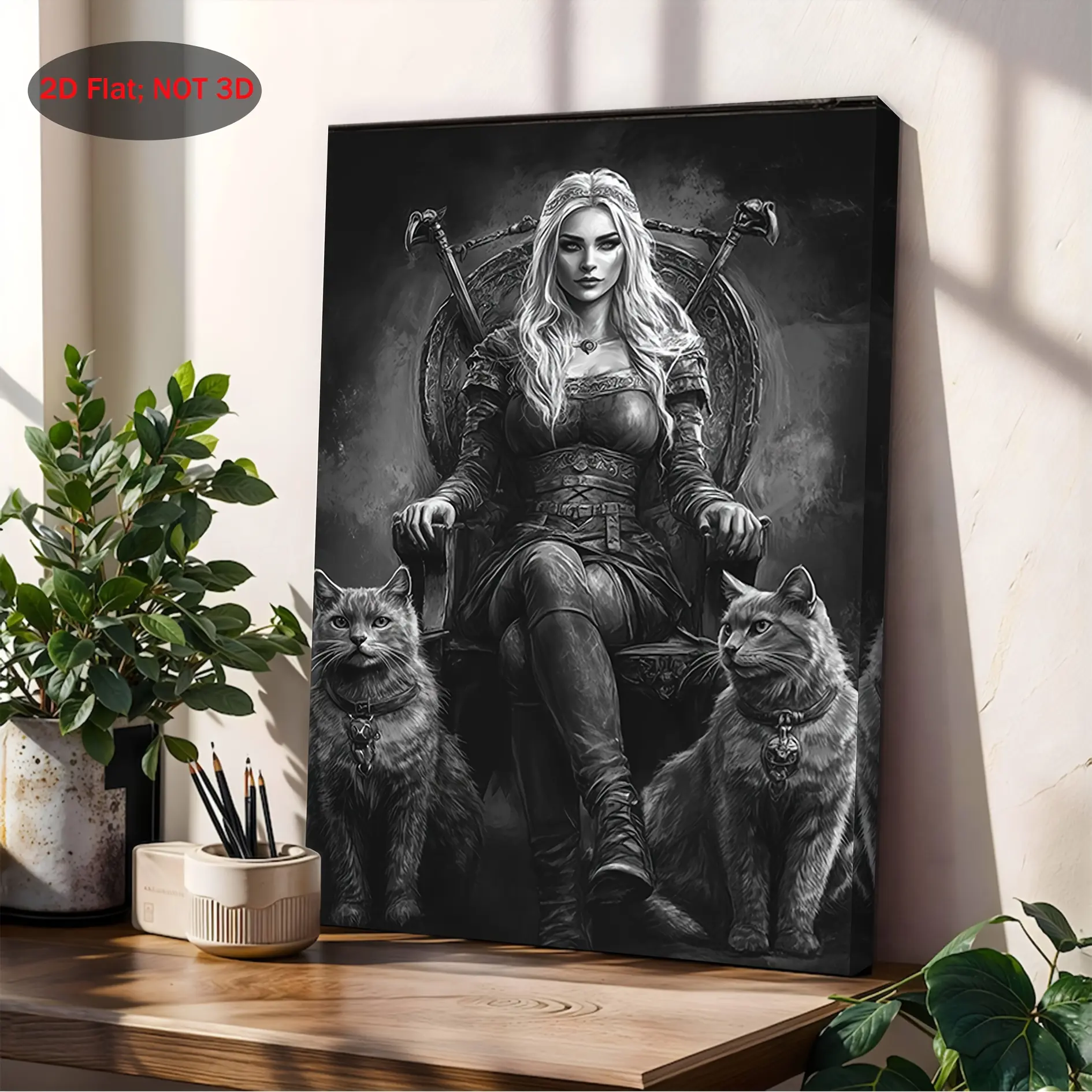 2D Flat, 1pc Norse Mythology Viking Wall Art - Dark Academia Scandinavian Print Suitable for Bedroom, Living Room, Bathroom & Kitchen Decor - Viking Woman & Cats Paintings, Norse Mythology Decorations, Holiday Gift, 2D Flat