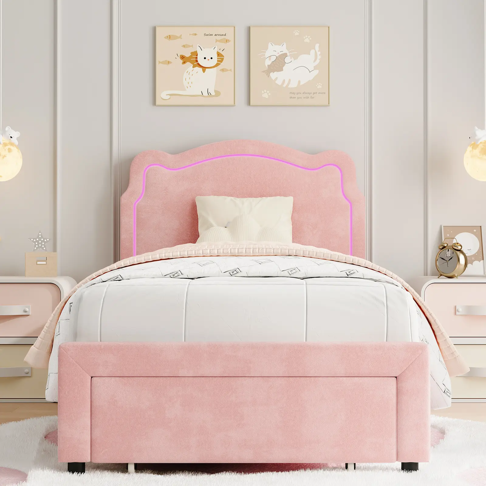 Garvee Kids Twin Upholstered Platform Bed Frame with Smart RGB LED Lights, Bear Princess Adjustable Headboard, Velvet, Wood Slat Support, No Box Spring Needed, Easy Assembly - Twin - Beige/Pink - With Drawer