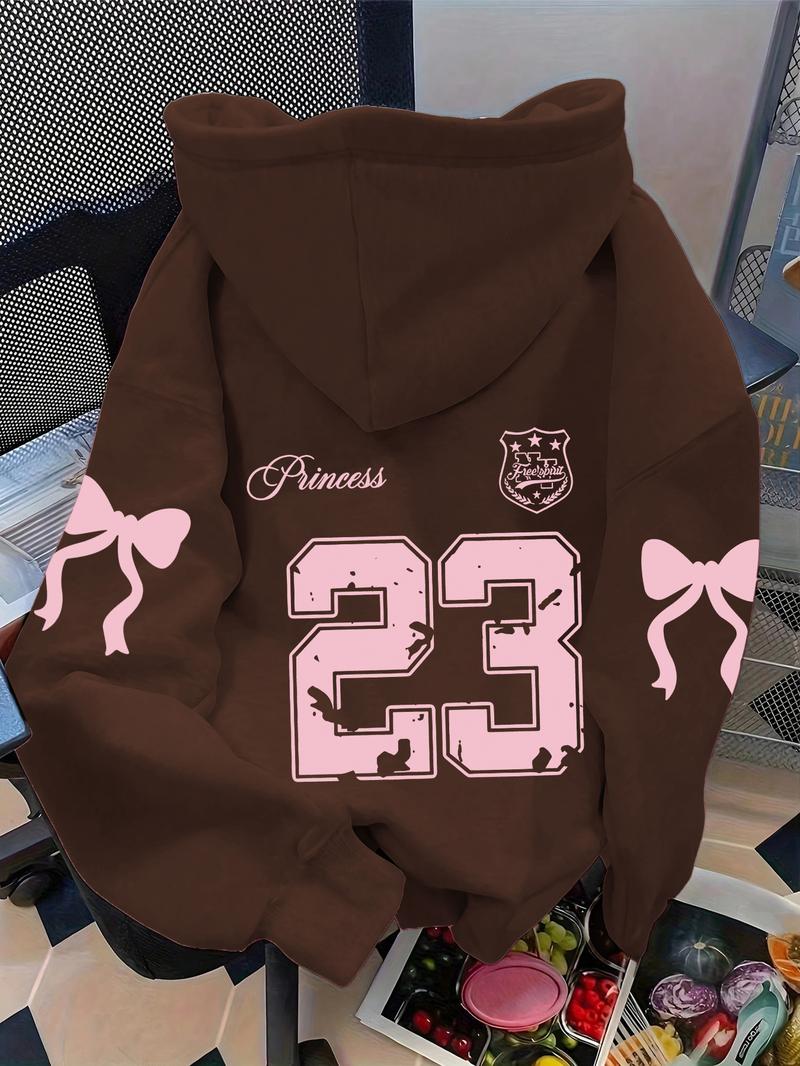 Women's cool and cute trendy number bow print hoodie, kangaroo pocket, drawstring hooded sweatshirt, fashionable autumn and winter wear, Graphic Hoodies