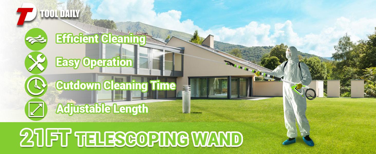 Tool Daily 21 FT Telescoping Pressure Washer Wand with Brush, Power Washer Extension Wand, Aluminum Telescopic Gutter Cleaner with 3 Curve Wands, 5 Spray Nozzle Tips and Adjustable Belt, 4000 PSI