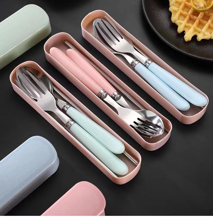 Western Portable Stainless Steel Cutlery Set, Includes Spoon, Fork, Chopsticks, Ideal for Camping and Outdoor Use, Cutlery with Storage Box
