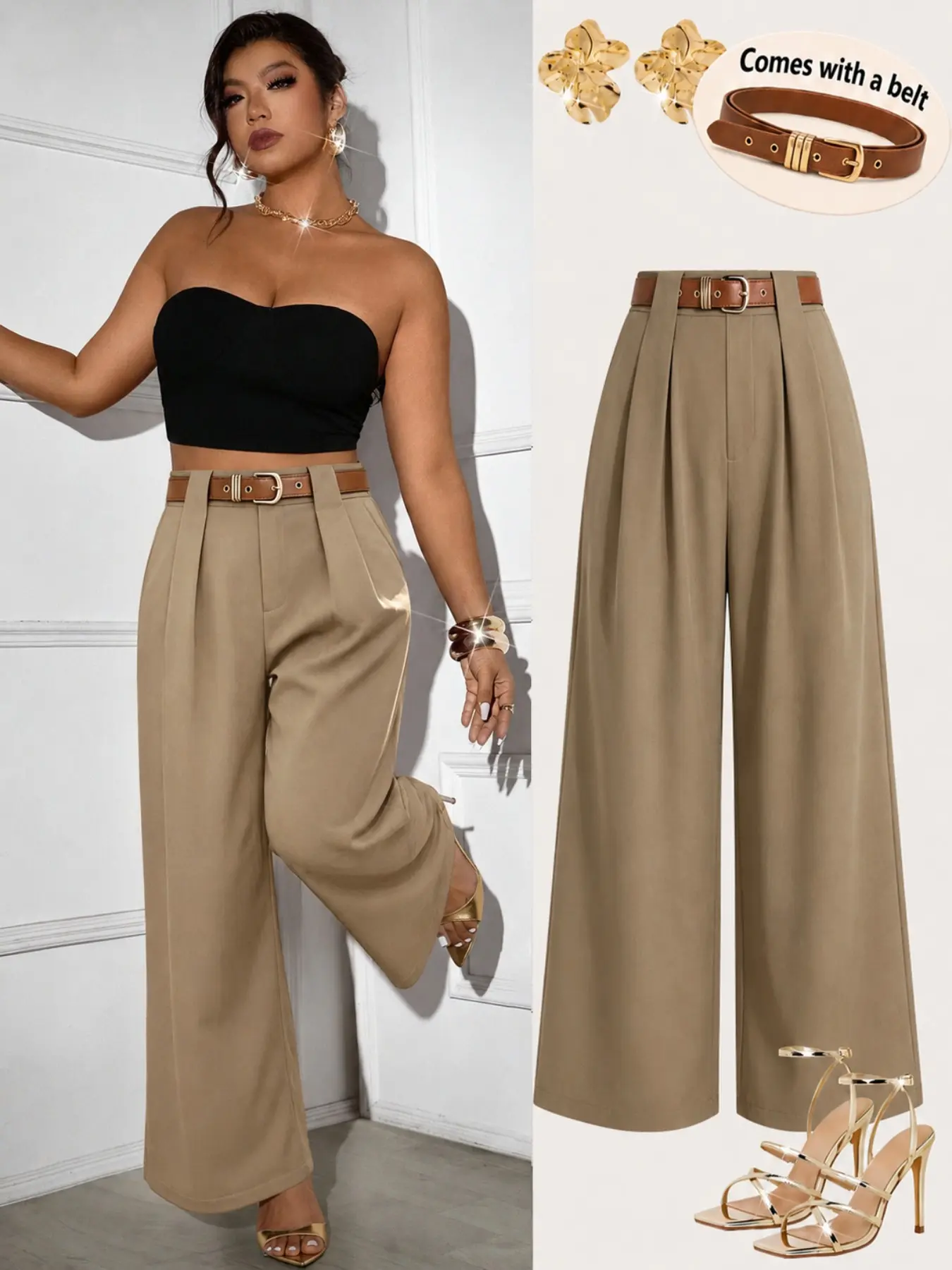 Women's Plus Size High Waisted Wide Leg Pants Belted Pleated Front Trousers Elegant Office Workwear Business Casual Commuter style Outfits casual style bottoms Trendy