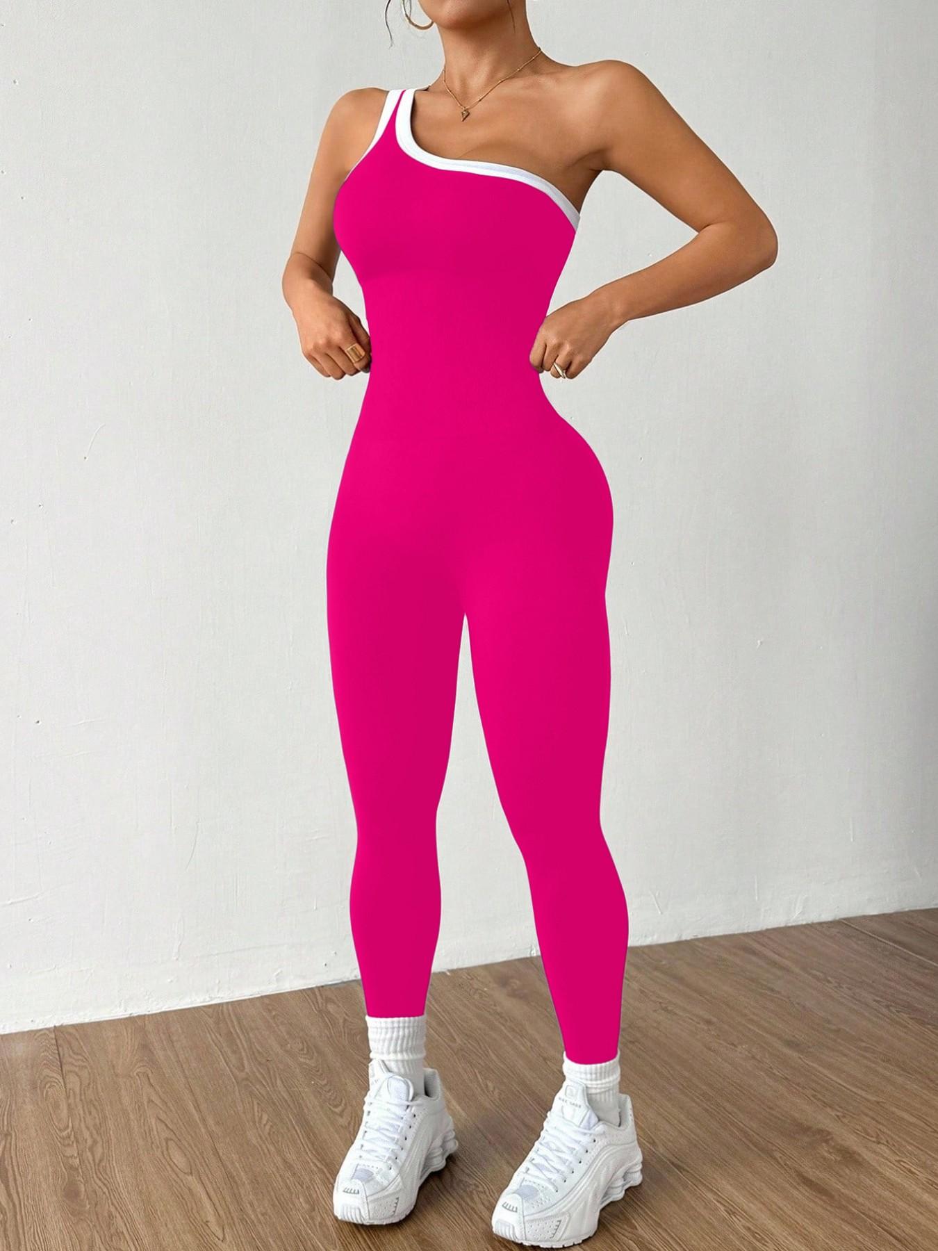 Women's Colorblock Asymmetrical Neck Sleeveless Knit Yoga Jumpsuit, Casual Slim-Fitting Long Sleeve Top for All Seasons