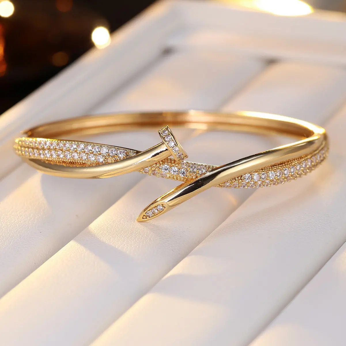 Luxury Micro‑Paved Zircon 18K Gold‑Plated Nail Bangle For Women, Minimalist Luxury Unique Designer Bracelet