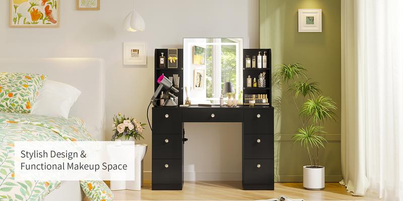 VOWNER Modern Makeup Vanity Table Set with 3-Color LED Mirror 7 Drawers & Power Strip for Bedroom & Bathroom 43-Inch White Dressing Table