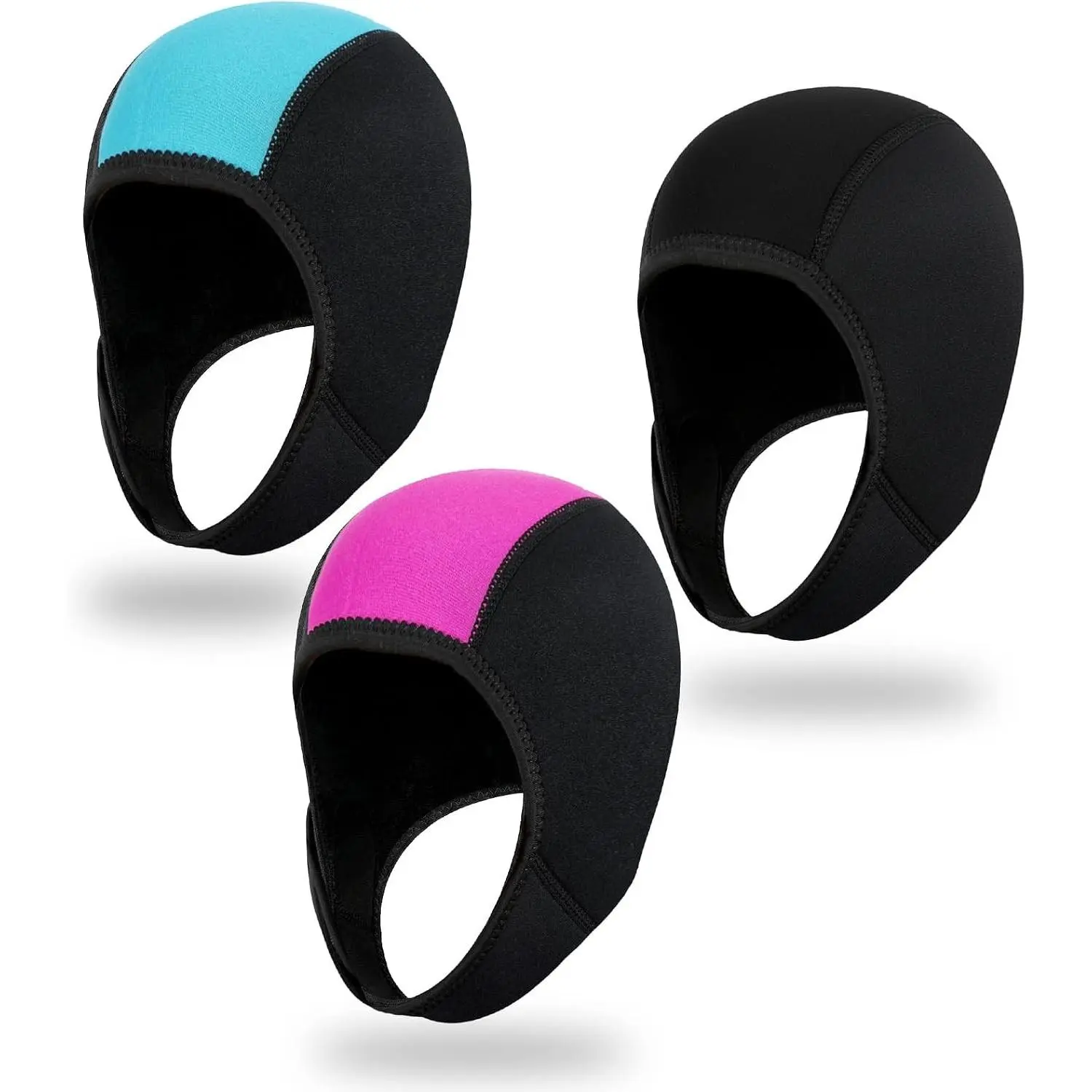3 Pcs Neoprene Diving Hood, Thermal Wetsuit Hood Cap Swim Caps with Chin Straps Neoprene Surf Beanie Diving Headgear for Men Women, for Snorkeling Sailing and Other Water Sports, Blue Pink Black