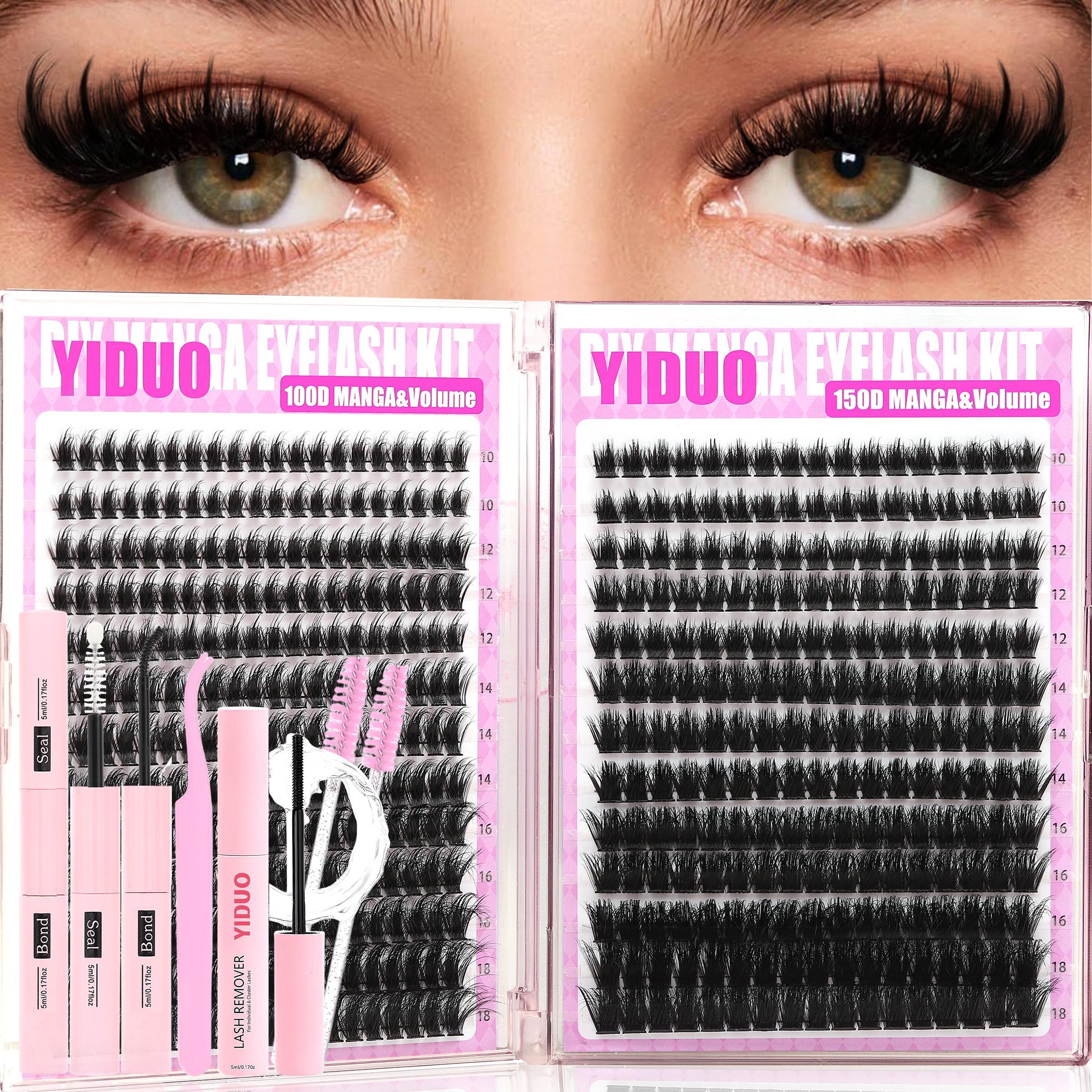 YIDUO 4 Styles DIY Volume Eyelash Cluster Kit, 200D/300D/Bottom/Spike Lashes, 5-20 mm D-Curl Eyelash Extensions Kit 440 Pcs with Lash Bond and Seal, Lash Remover, Lash Tweezers and Eyelash Brush for Easy DIY at Home