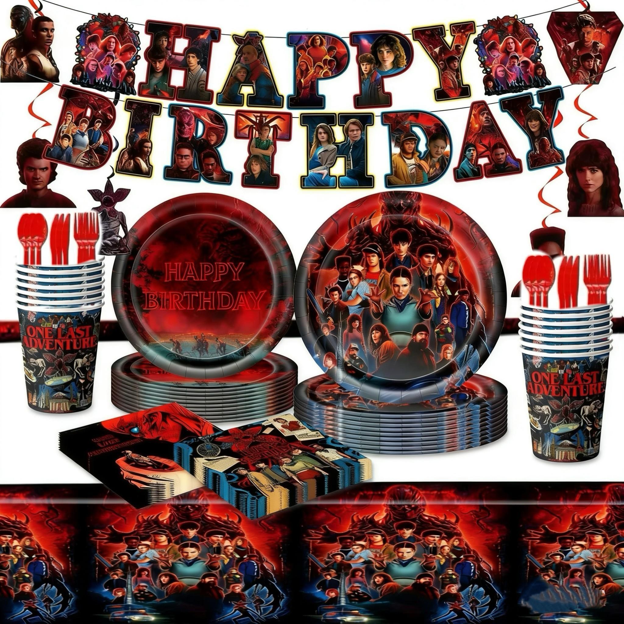 2026 Stranger Things Theme Birthday Party Supplies Set, 96 Pieces Including Plates, Napkins, Cups, Straws, Cutlery, Decorations, Tablecloth, Banner, Birthday Party Kit