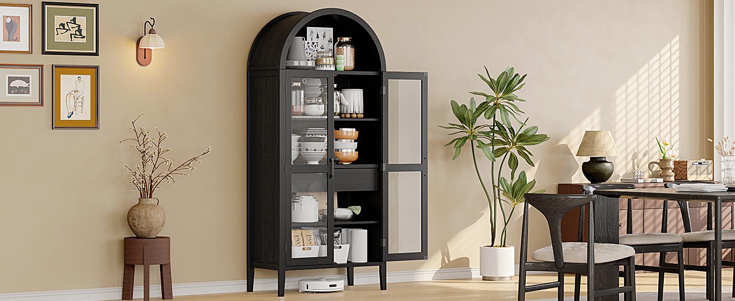 【SPOTLIGHT DAY】ONBRILL 71" Tall Arched Cabinet, 5-Tier Arched Kitchen Pantry with Glass Doors & Drawer, Modern Display Pantry Cabinets with Adjustable Feet, Wooden Pantry for Kitchen, Living & Dining Room, White