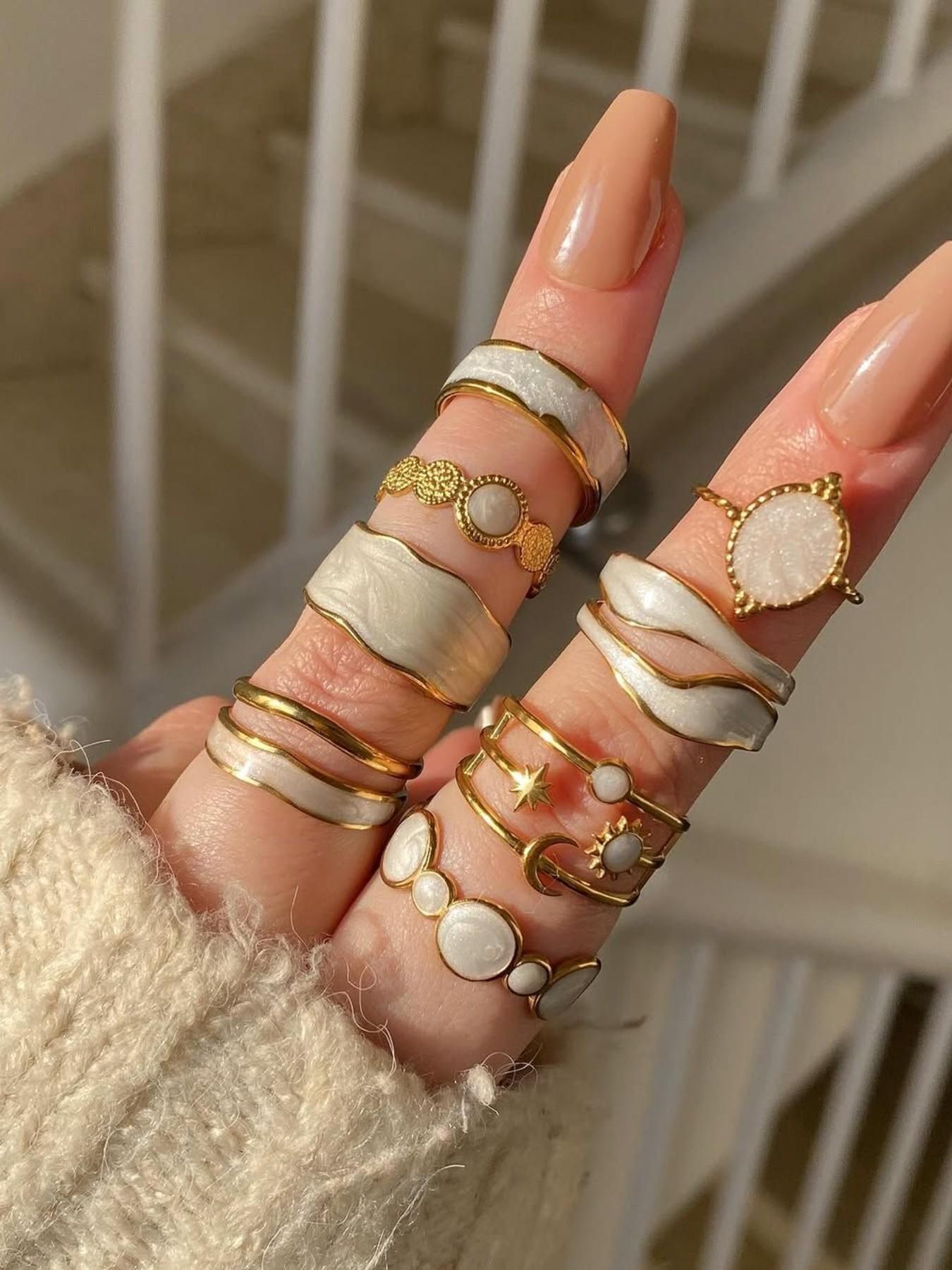 8-Piece Boho Floral Ring Set, Sun Moon Star Design, Zinc Alloy Material, Perfect for Daily Wear, Travel, Parties, Gift Idea