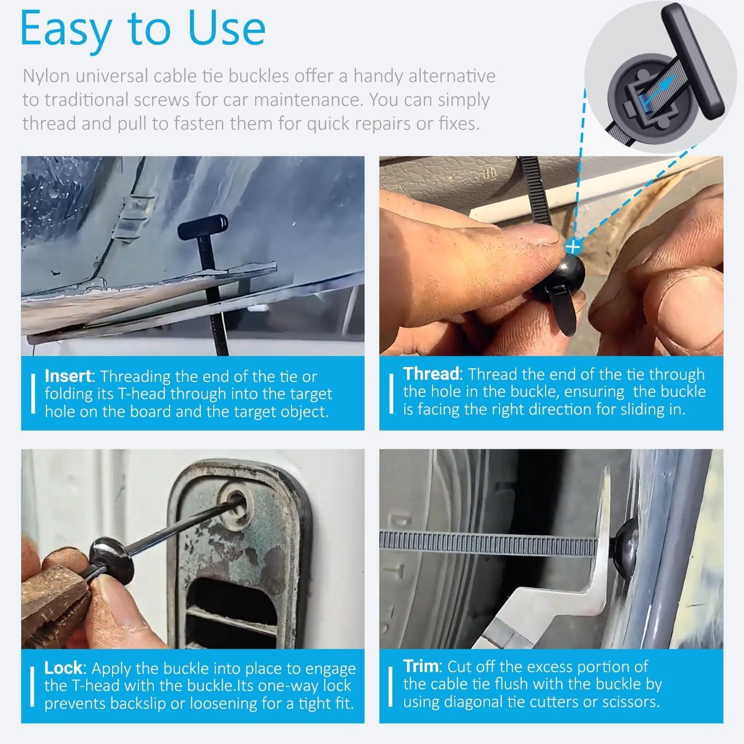 Upgrade Nylon Universal Cable Tie Buckle, for Car Fender Trunk Bumper Repair, Home & Garage Patent Pending, 2026 New Heavy Duty Self-Locking Zip Ties Holder with Pin Button Design
