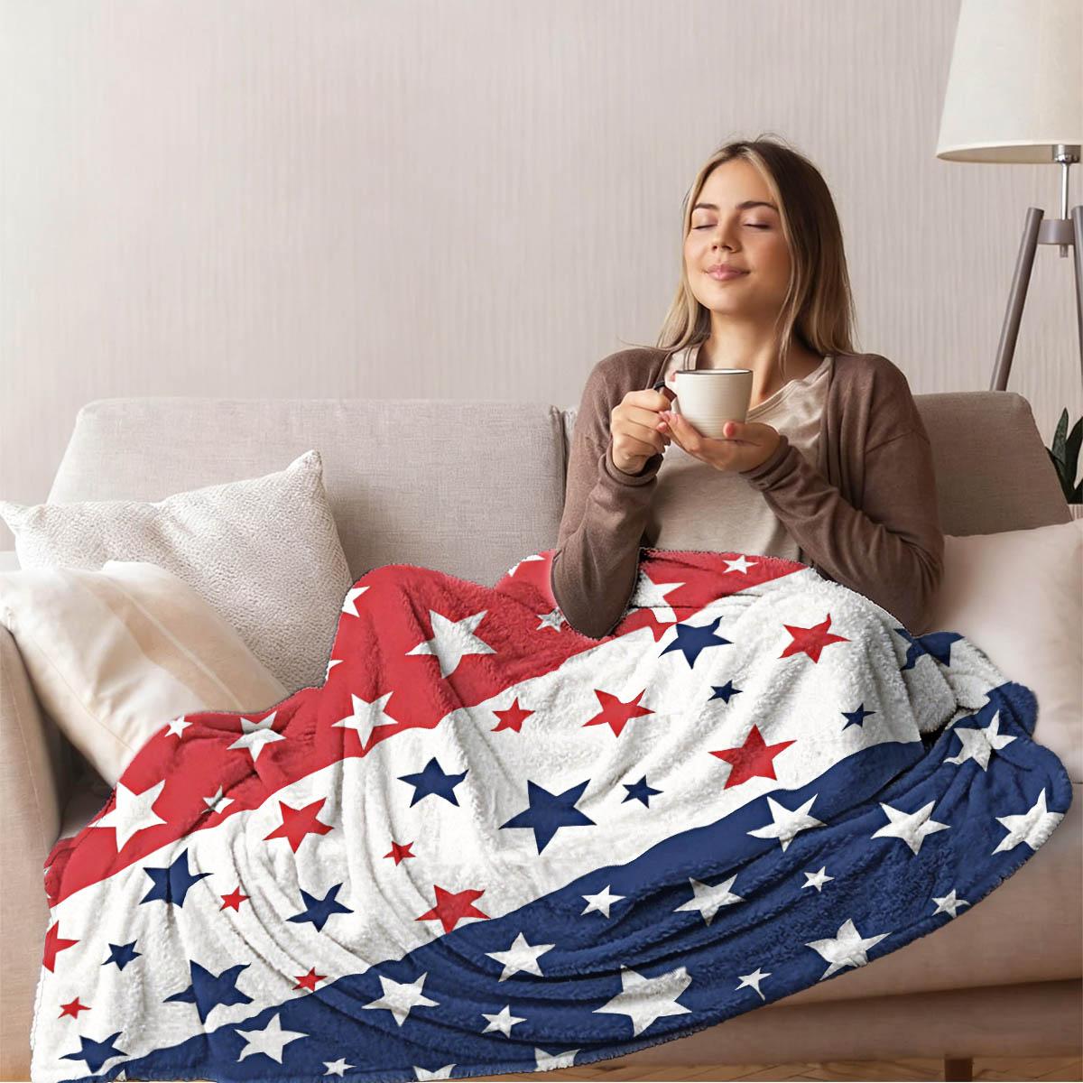 Striped Star Print Blanket, Soft Flannel, Breathable Warm Cozy, Sofa Bedroom Pet Use, Multiple Sizes Available, Gift Idea